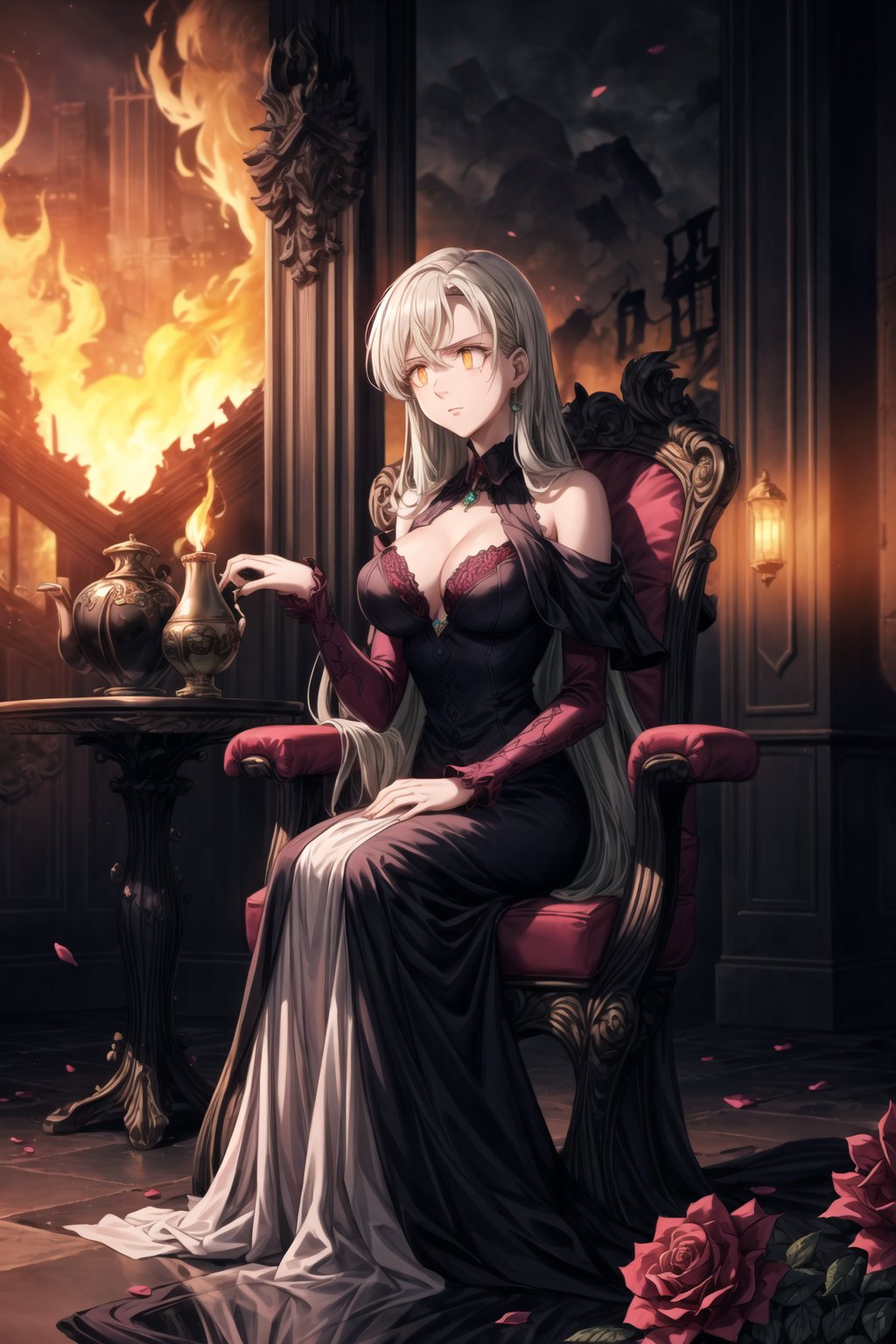 Anime illustration of Elizabeth, transformed into the corrupted ruler of Hell, sitting on a luxurious golden throne on a grand balcony. Her long hair flows from a gradient of white to black, symbolizing her descent into darkness, and her once green eyes now glow with a menacing red hue. She wears an elaborate black and red gown adorned with sinister symbols and glowing red accents, reflecting her dominance and cruelty.

Elizabeth's expression is cold and devoid of emotion as she holds a delicate porcelain teacup with her right hand, her left finger placed on her lips in a gesture of silence. Her gaze is fixed on the scene before her, a hellish landscape of a city engulfed in flames. Tall buildings and ancient architecture are crumbling and burning, casting an orange and red glow across the sky, creating a dramatic and chaotic atmosphere.

The balcony is decorated with large vases overflowing with vibrant red roses, some petals gently falling in the foreground, adding a touch of morbid beauty to the scene. The setting sun enhances the fiery ambiance, casting long shadows and illuminating the destruction.

On the table beside her, there are various elegant tea sets and a candlestick with lit candles, adding a warm light to the dark setting. Rivers of lava flow through the city, jagged rocks protrude from the ground, and tormented souls can be seen in the distance. Dark clouds swirl above with lightning illuminating the oppressive atmosphere of her dominion.

Details:

Elizabeth's gown has intricate gold embroidery and shoulder epaulets, signifying her regal yet malevolent status.
Her throne is adorned with dark, gothic designs and glowing red gems.
The flames and lava cast a flickering light on her cold, emotionless face, emphasizing her transformation.
The roses on the balcony are vibrant, yet some are wilted, symbolizing corruption and decay.
The background shows a mix of ruined ancient architecture and modern buildings, enhancing the sense of chaos and destruction.
The lighting highlights the contrast between the opulence of Elizabeth's appearance and the devastation of the landscape.