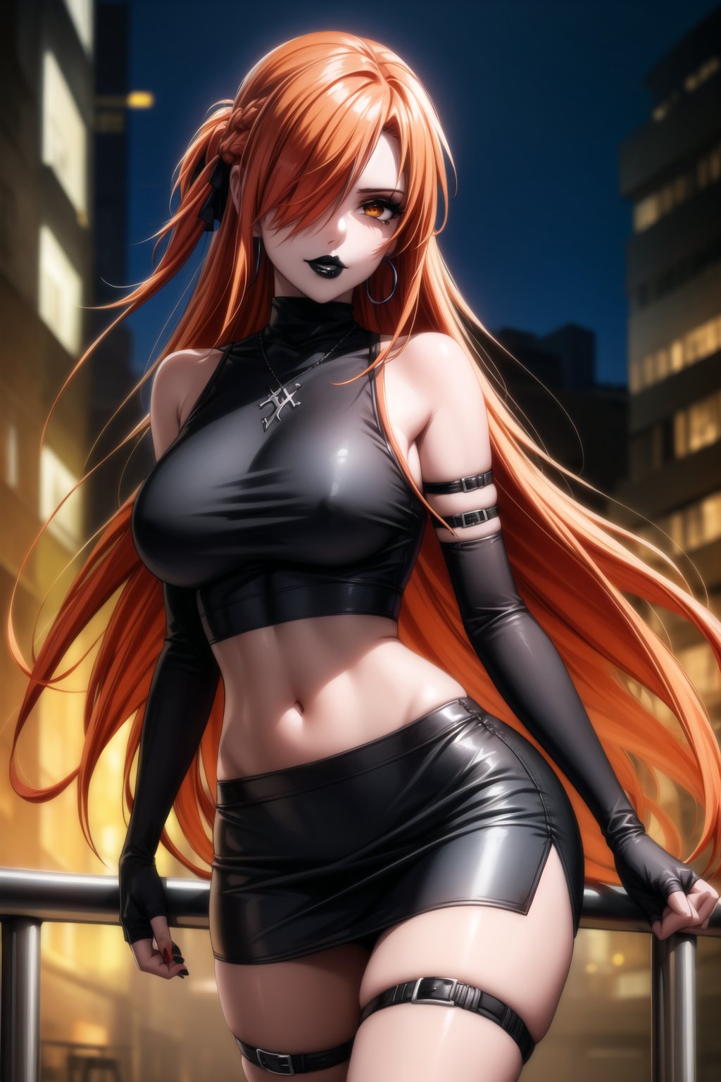 ((best quality)), ((highly detailed)), masterpiece, ((official art)), detailed face, beautiful face, (detailed eyes, deep eyes), seductive posing, (cowboy shot),aaasuna, long hair, brown hair,braid, brown eyes,  (sexy:1.3),  (long straight red hair, orange hair, long straight hair, hair covering one eye:1.3), evil smile:1.2, villain, evil, corrupted, (makeup, black lips:1.3),( pale white skin, very white skin, goth, long eyelashes), medium to big breasts, black gloves, black skirt:1.2, closed mouth, cowboy shot, ((black turtleneck, black crop top)), hoop earrings, fingerless gloves, gloves, highres, jewelry, , midriff, miniskirt, navel, pencil skirt, skirt, solo, standing, stomach, striped, striped bow, thigh strap, city street, nighttime, intricately detailed, hyperdetailed, blurry background, depth of field, best quality, masterpiece, intricate details, tonemapping, sharp focus, hyper detailed, trending on Artstation, 1 girl, high res, official art,asuna yuuki,RockOfSuccubus