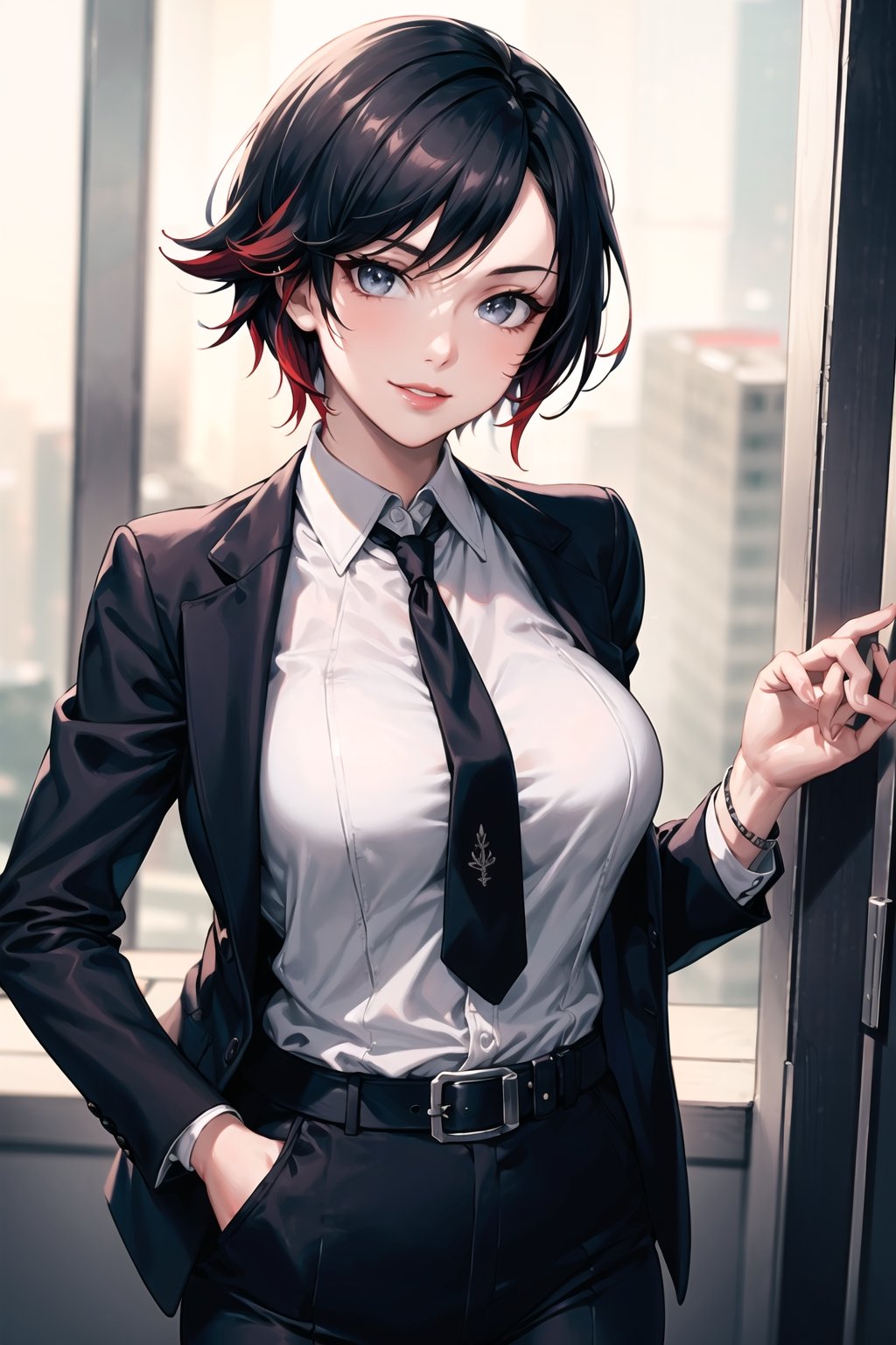 (best quality), (highly detailed), masterpiece, (official art), ruby rose:1.2, lips, smile, top jacket:1.3,black pants, belt,,necktie,  black jacket,(black suit), long sleeves, shirt tucked in,looking at viewer, shirt, black necktie, white shirt, medium breasts,window, formal, office lady,pants, business suit, suit,  (intricately detailed, hyperdetailed), blurry background,depth of field, best quality, masterpiece, intricate details, tonemapping, sharp focus, hyper detailed, trending on Artstation,1 girl, solo,high res,official art,ruby rose