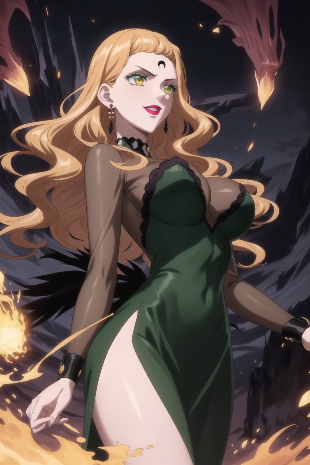 evil smile, red eyes, jewelry,  earrings, makeup, facial mark, lipstick,  forehead mark, crescent facial mark, black crystal earrings,crescent, , dress,black dress, see-through,,side slit, ,mimosa vermillion, orange hair, green eyes
(best quality), (highly detailed), masterpiece, (official art), A dark and mysterious female character inspired by classic anime style,  She has a cold, expressionless face with pale skin and dark, bold lips, giving her a commanding and intimidating presence.  The overall atmosphere is dark and mysterious, with a sense of power and control emanating from her poised stance.