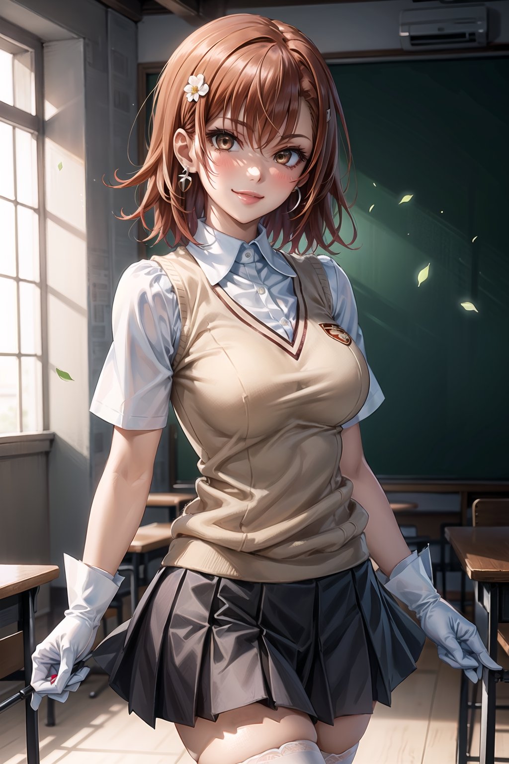 ((best quality)),  ((highly detailed)),  masterpiece,1girl,  large breasts, tokiwadai school uniform, sweater vest, short sleeves, white gloves, elbow gloves, pleated skirt, white thighhighs ,1girl, lips:1.2, seductive smile, gyaru ,jewelry, blush, earrings, looking at viewer, standing, cowboy shot, red hair, school, short hair, aamikoto, hair flower