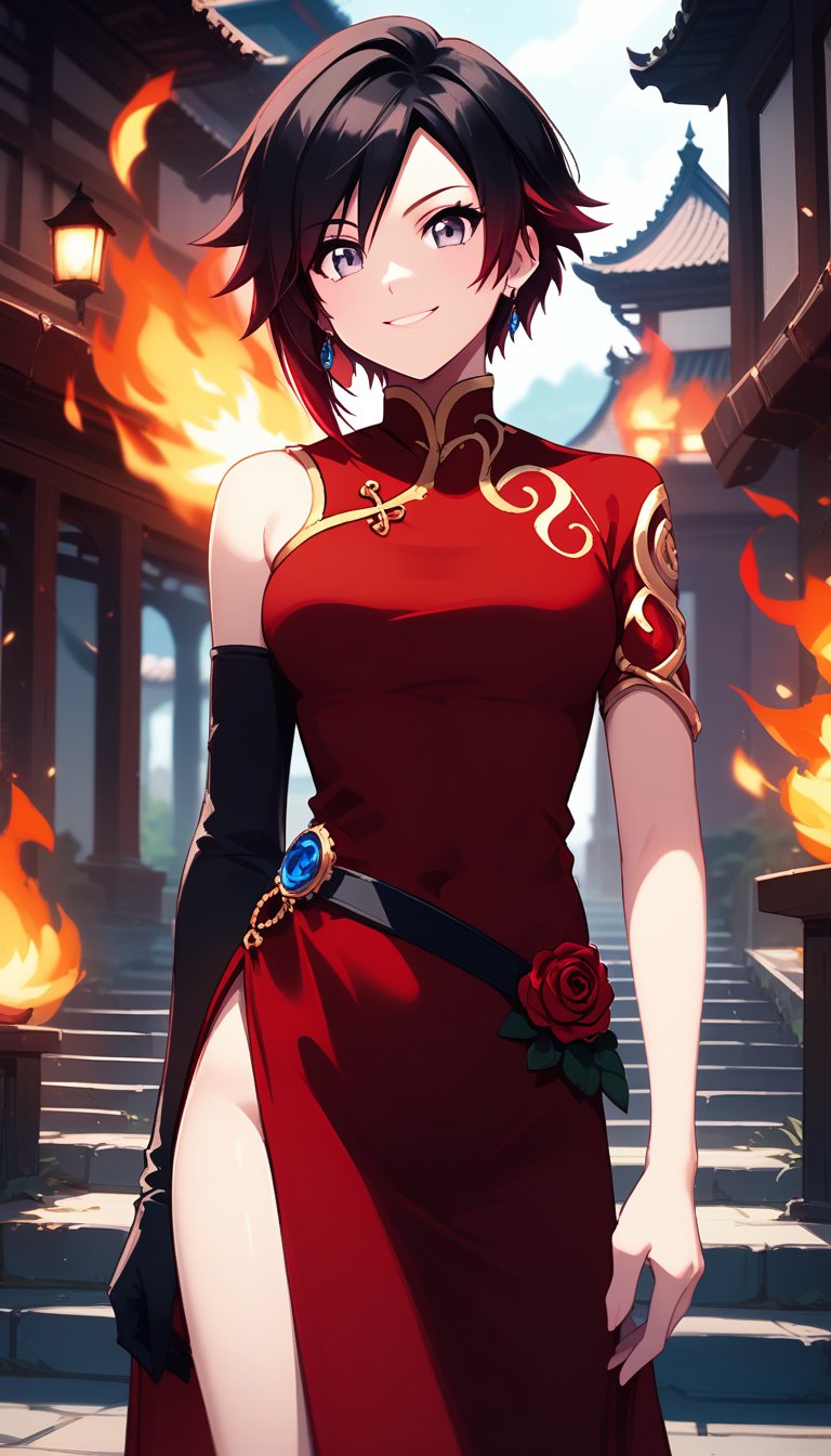 score_9, score_8_up, score_7_up, intricate details, ruby rose, short hair, black hair, red hair, grey eyes, evil smile, looking at viewer, standing,red dress, china dress, asymmetrical sleeves, black gloves, elbow gloves, earrings, outdoors, fire