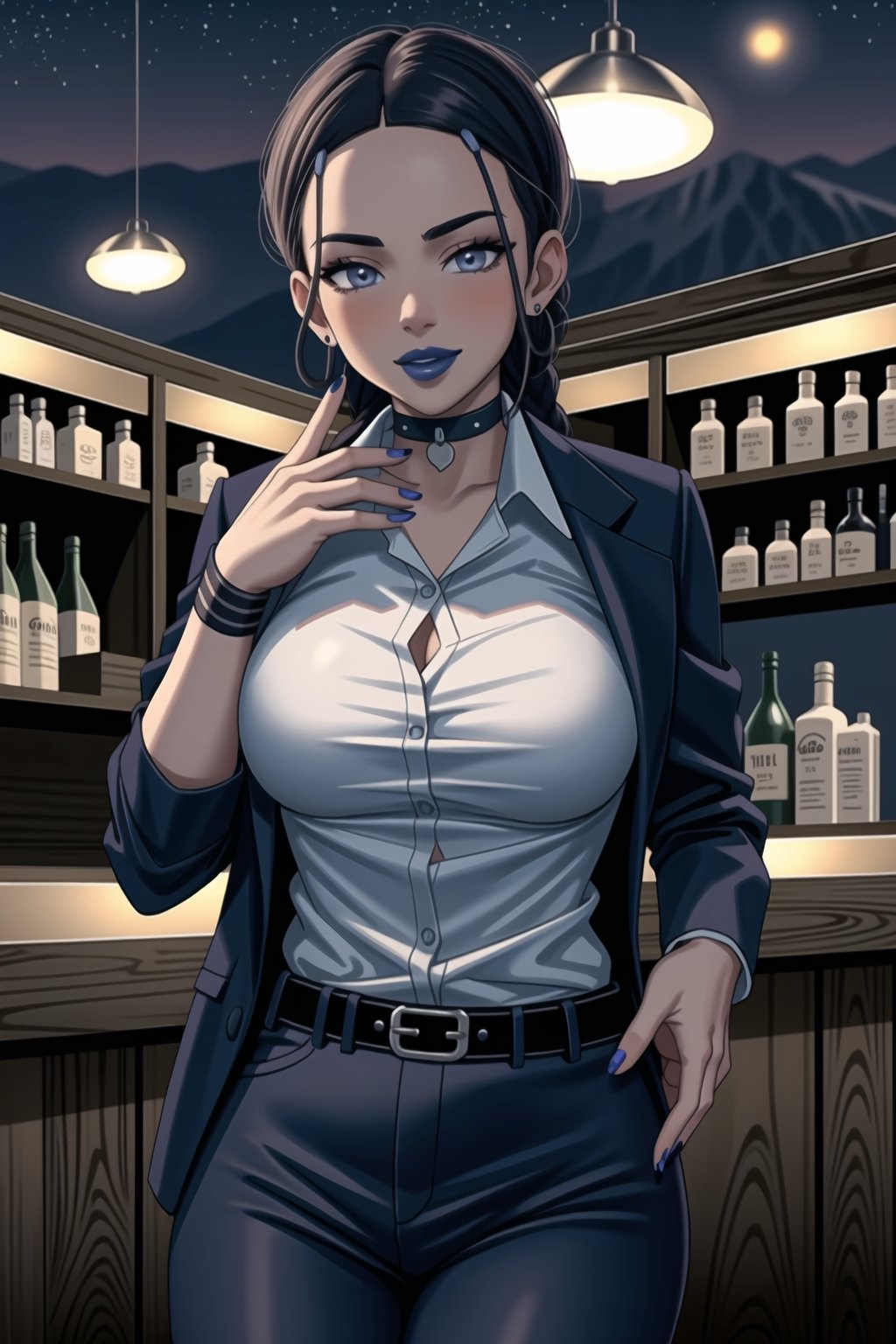 ((best quality)),  ((highly detailed)),  masterpiece,1girl, 1girl, (lips:1.2), (blue lips:1.2), seductive smile, smirk, naughty_face,nail polish, solo,   black pants,  formal,  black jacket,  open jacket,  (white shirt),  belt, ,  black jacket, (black suit),  long sleeves,  shirt tucked in,, (black choker), blush, earrings, black nails, looking at viewer, standing, cowboy shot, fingernails,  bar,outdoor,lamp,nigth,space, alcohol, sexy pose:1.2, purple nails, wristband,katara, toned, dark skin, braid, jewelry,,,,b1mb0,<lora:659111690174031528:1.0>