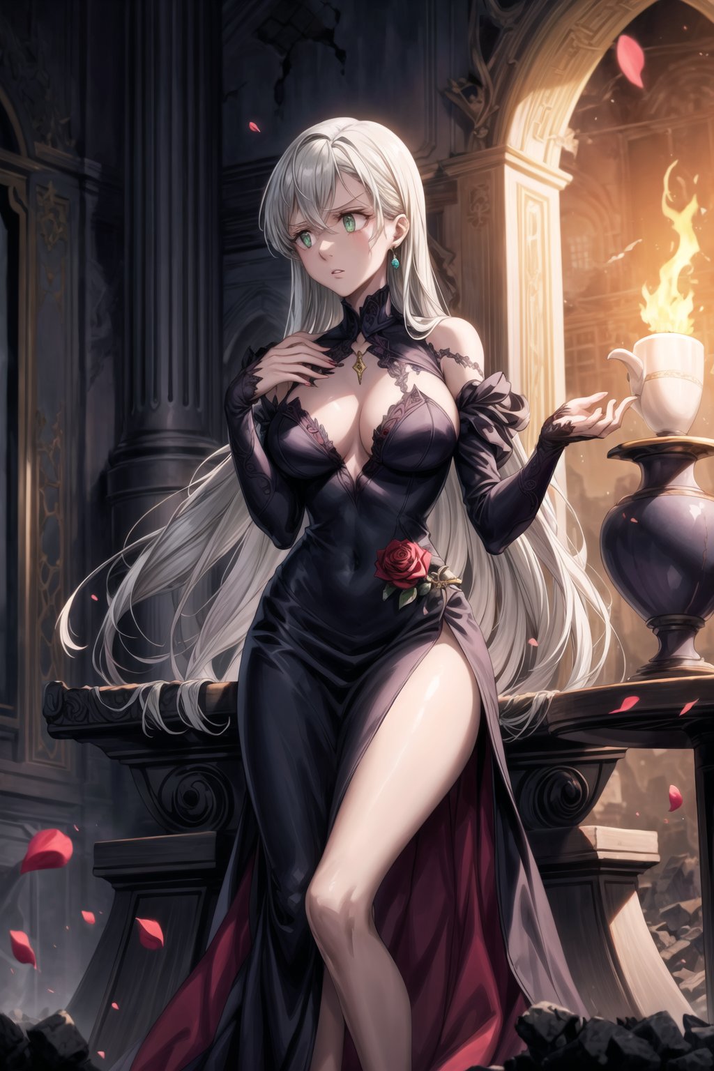 Anime illustration of Elizabeth, transformed into the corrupted ruler of Hell, sitting on a luxurious golden throne on a grand balcony. Her long hair flows from a gradient of white to black, symbolizing her descent into darkness, and her once green eyes now glow with a menacing red hue. She wears an elaborate black and red gown adorned with sinister symbols and glowing red accents, reflecting her dominance and cruelty.

Elizabeth's expression is cold and devoid of emotion as she holds a delicate porcelain teacup with her right hand, her left finger placed on her lips in a gesture of silence. Her gaze is fixed on the scene before her, a hellish landscape of a city engulfed in flames. Tall buildings and ancient architecture are crumbling and burning, casting an orange and red glow across the sky, creating a dramatic and chaotic atmosphere.

The balcony is decorated with large vases overflowing with vibrant red roses, some petals gently falling in the foreground, adding a touch of morbid beauty to the scene. The setting sun enhances the fiery ambiance, casting long shadows and illuminating the destruction.

On the table beside her, there are various elegant tea sets and a candlestick with lit candles, adding a warm light to the dark setting. Rivers of lava flow through the city, jagged rocks protrude from the ground, and tormented souls can be seen in the distance. Dark clouds swirl above with lightning illuminating the oppressive atmosphere of her dominion.

Details:

Elizabeth's gown has intricate gold embroidery and shoulder epaulets, signifying her regal yet malevolent status.
Her throne is adorned with dark, gothic designs and glowing red gems.
The flames and lava cast a flickering light on her cold, emotionless face, emphasizing her transformation.
The roses on the balcony are vibrant, yet some are wilted, symbolizing corruption and decay.
The background shows a mix of ruined ancient architecture and modern buildings, enhancing the sense of chaos and destruction.
The lighting highlights the contrast between the opulence of Elizabeth's appearance and the devastation of the landscape.