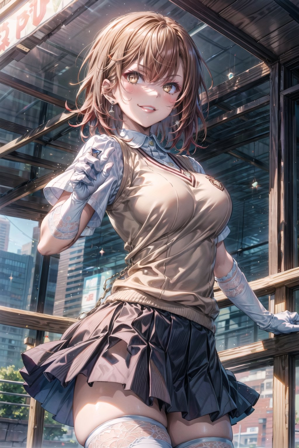 ((best quality)),  ((highly detailed)),  masterpiece,1girl, ((closed_mouth, sparkling_eyes, smug, shaded_face,evil smile)),(large breasts), tokiwadai school uniform, sweater vest, short sleeves, (](white gloves, elbow gloves)), pleated skirt, white thighhighs ,1girl, lips:1.3, red lips, makeup:1.3, ((gyaru)) ,jewelry, blush, earrings, looking at viewer, standing, cowboy shot, red hair, school, short hair, aamikoto 