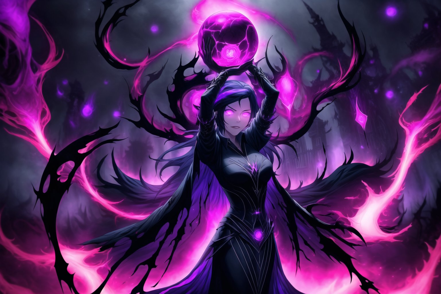 "Dark Sorceress gwentennyson Forbidden Power":
gwentennyson, long red hair, now twisted by dark magic, stands menacingly in her corrupted form. Her once-vibrant violet mage attire has transformed into a shadowy, tattered robe, pulsating with forbidden runes and dark flames. Her eyes glow with an ominous purple hue, and her expression is one of cruel dominance. In one hand, she clutches a cursed, blackened grimoire with glowing violet symbols that pulse with dark energy. Her other hand conjures an ominous ball of dark magic, swirling with shadowy tendrils and streaks of purple lightning.
The background is a dark, shattered void, filled with jagged cracks that leak sinister energy. Magic circles of forbidden glyphs spin around her, their deep purples and blacks contrasting against the darkened backdrop. Glistening, arcane chains twist and writhe in the air, like serpents of shadow, while forbidden runes and sigils shimmer in the darkness. Faint whispers of tortured souls emanate from the chaotic magical storm surrounding her. Streaks of corrupted purple flames and black smoke rise from the ground, engulfing the entire scene in a sense of forbidden power. Sharp, electric effects and glowing dark orbs hover in the air, as Gwendolyn channels the full force of her dark sorcery. The entire image glows with an eerie, shadowy light, casting deep, high-contrast shadows, and creating a menacing, oppressive atmosphere.,