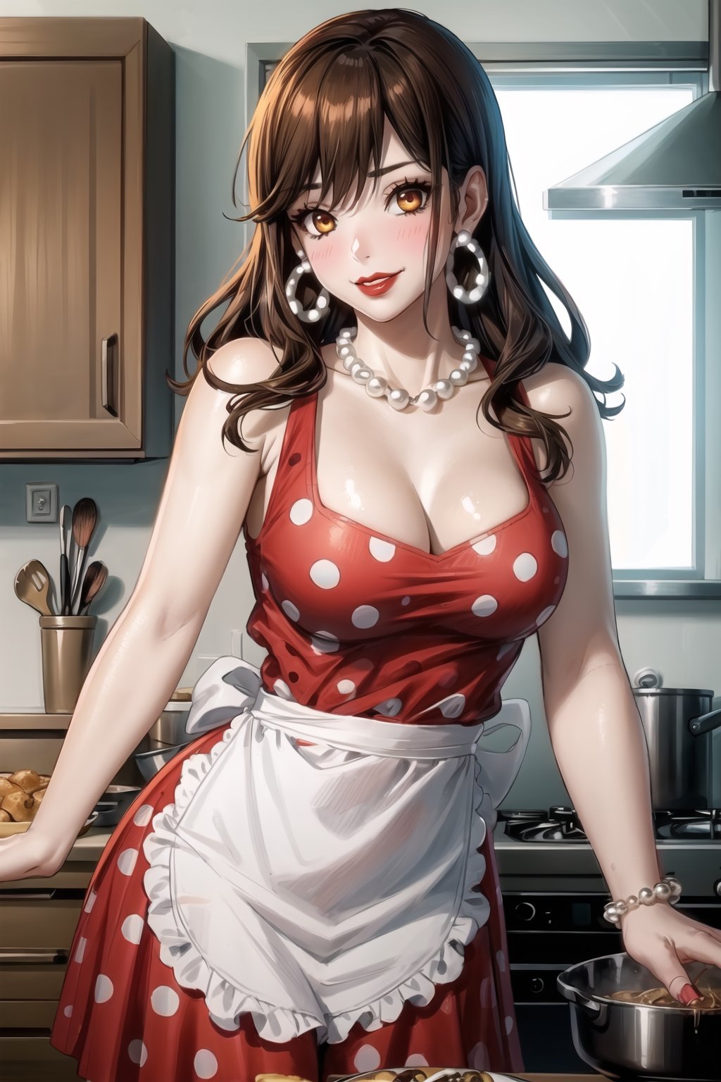((best quality)),  ((highly detailed)),  masterpiece,1girl, 1girl,  evil smile:1.2, smug, seductive smile, solo,   (Stepford),lips, makeup, lipstick,red lips, (pose:1.3),(polka dot:1.4), (polka dot dress:1.4),(pearl necklace:1.2), pearl bracelet, bare shoulders,(red dress:1.2),(aroused), blush ,standing,  (large pearl necklace), (hoop earrings:1.2),  (apron), blush,fingernails, kitchen, cooking, indoors, house, windows, cortain, food, hori kyouko, brown hair, orange eyes