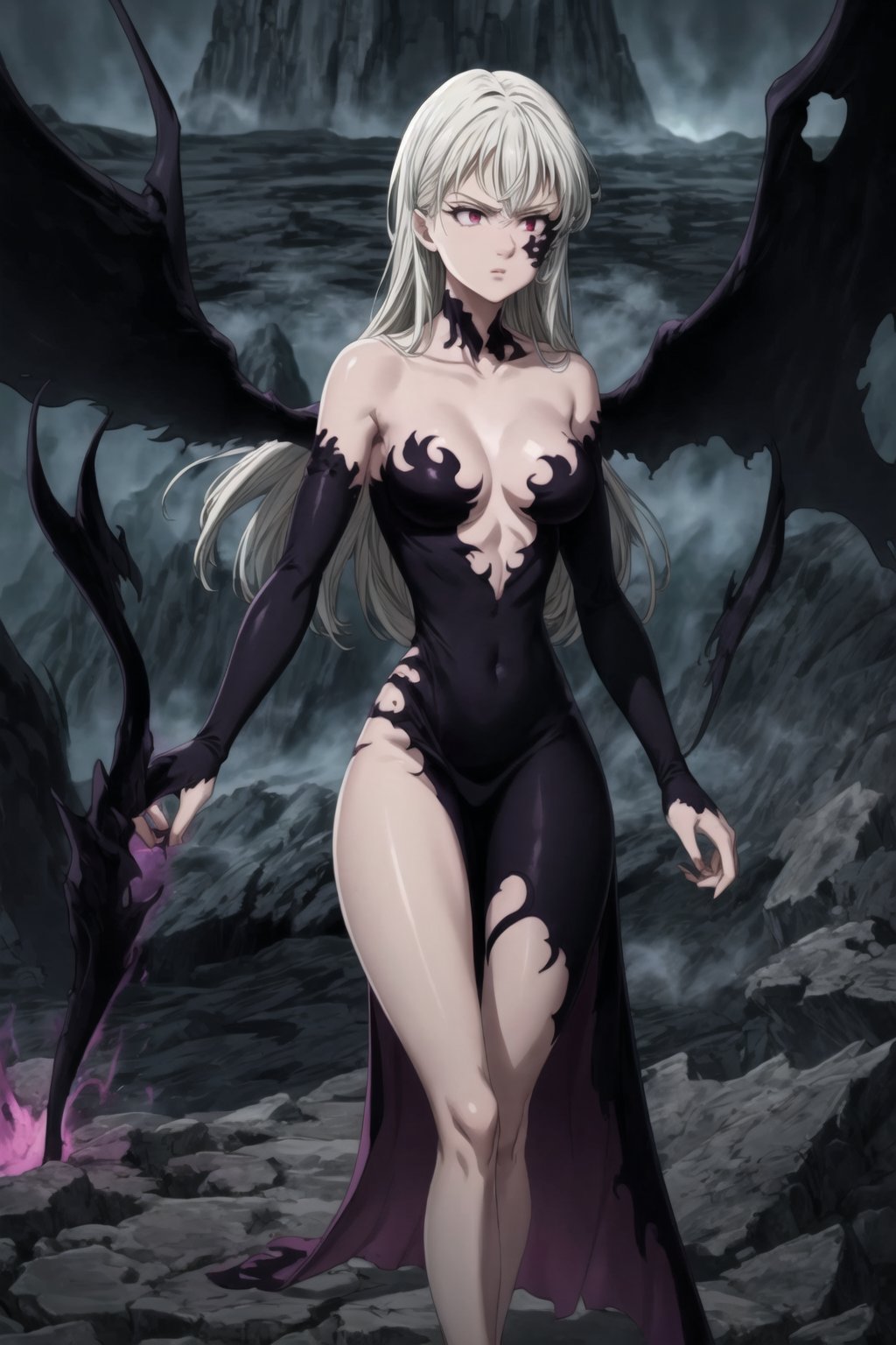 monochrome,greyscale,(tattoo,facial mark,aura,glowing,bodypaint,smoke,dark aura:1.2),1girl,long hair,medium breasts,black hair,angry,purple eyes,wings,claws,looking at viewer,nude,censored,armor,convenient censoring,Elizabeth, black hair, lips, ruler of hell, stands as a malevolent dictator, her long hair flowing like darkness itself, gradient from white to dark, framing her cold gaze. Her elaborate gown, adorned with sinister symbols and glowing red accents, reflects her dominance and cruelty. The background features a hellish landscape: rivers of lava, jagged rocks, tormented souls, and dark clouds with lightning. Eerie, red and black glows illuminate the scene, capturing the dark and oppressive atmosphere of her dominion.