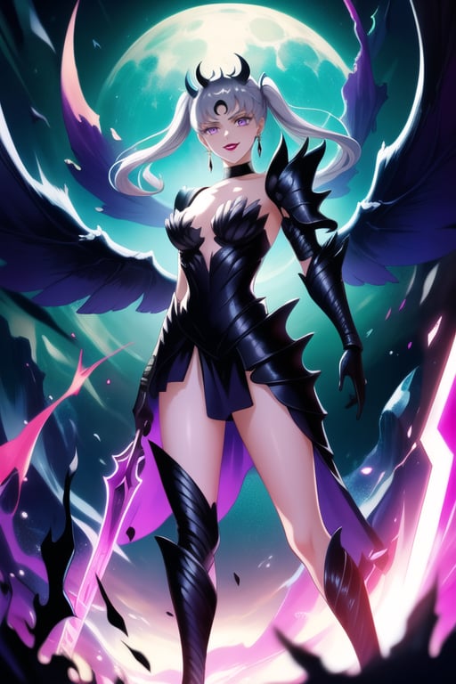 Here is a high-quality prompt for generating an image:

Official art masterpiece by noelle_silva,silver hair,twintails,bangs,purple eyes, Dark Thunder, aged up, poses confidently with silver hair flowing in the darkness. Her evil smile spreads across lips painted with bold lipstick, as she summons dark electricity to attack her foe. She wears retro-inspired armor, gloves, and jewelry, including black crystal earrings and a choker. A crescent-shaped facial mark glows ominously on her forehead. In the background, a subtle hint of a black moon casts an eerie shadow, further emphasizing her malevolent aura. Armor, wings, Holdibg a Dark Sword while charge a energy attack,