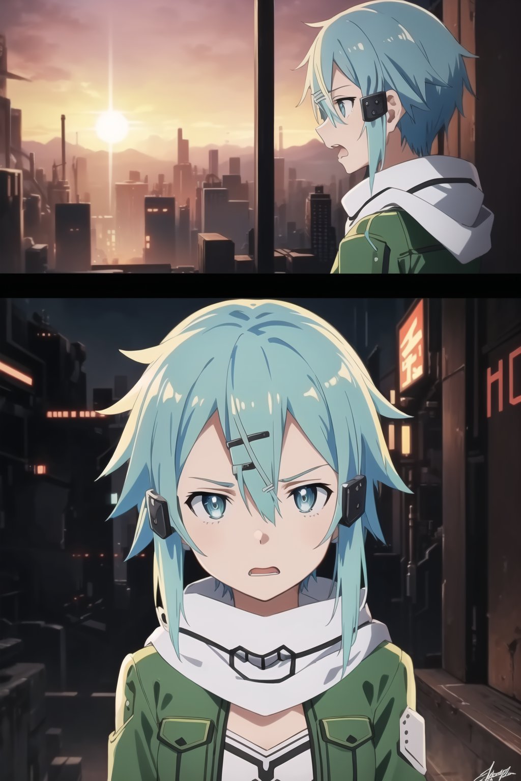 (best quality), (highly detailed), masterpiece, (official art), ((sinon1, cyberpunk, hair ornament, hairclip)), 1girl, upper body, bangs, blue eyes, blue hair, blurry, blurry background, fingerless gloves, green jacket, hair between eyes, hair ornament, hairclip, highres, jacket, long sleeves, outdoors, scarf, short hair, short hair with long locks, sidelocks, signature, sinon, solo, sunset, sword art online, turning head, ((open eyes, shocked expression,fear, horror, fear:1.2)), open mouth, 
