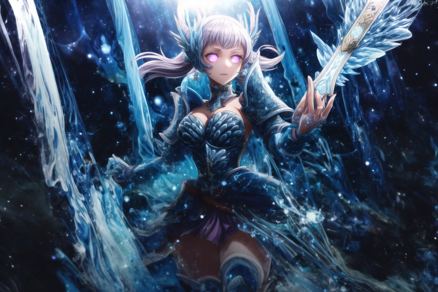 GFX wallpaper featuring Noelle Silva as a Valkyrie, with twintailed silver hair and shimmering water armor that appears both solid and liquid. The scene is illuminated by a radiant sword in her hand, casting light across the battlefield. Her wings, crafted from water, sparkle as if catching the light of a distant sun, and her purple eyes glow intensely. Water splashes around her armor, and energy beams shoot through the background. Her armored dress is detailed with intricate runes and silver accents, all glimmering as if imbued with magic. The background shows crashing waves, with water particles frozen mid-air, glowing in vibrant blue, violet, and white hues., glowing eyes