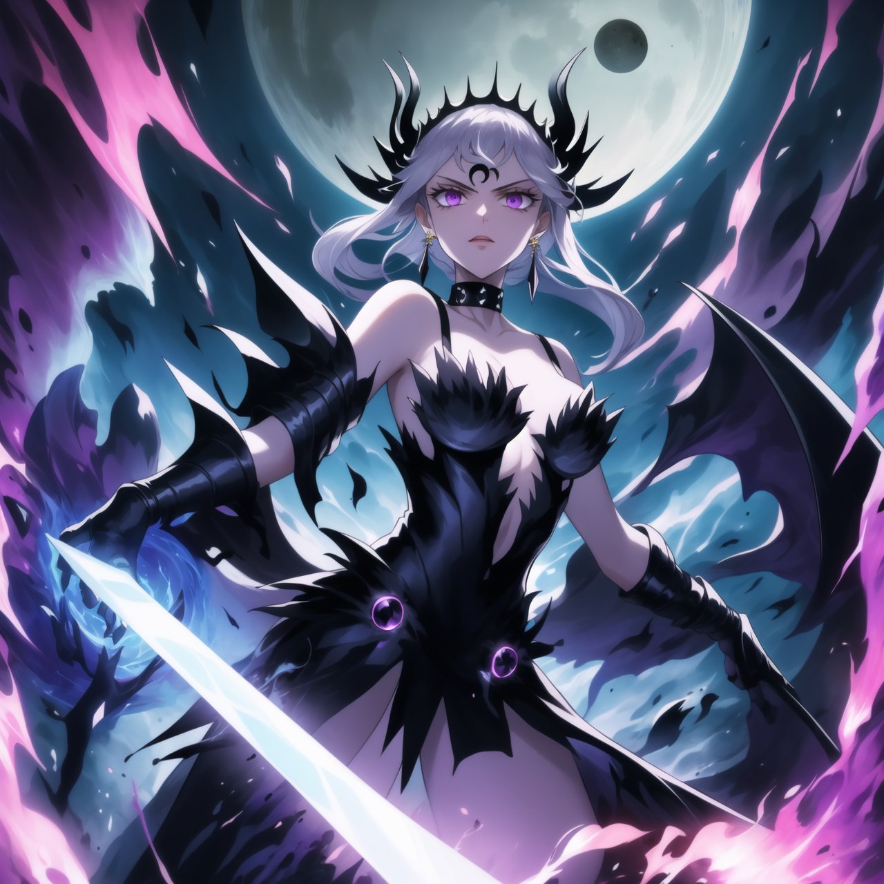 Here's a high-quality prompt for generating an image:

Official art masterpiece by noelle_silva: Aged-up Dark Thunder stands confidently, silver hair flowing like a river of darkness. Her purple eyes gleam with malevolent intent as she summons dark electricity to strike her foe. Retro-armed and jewelry-adorned, including black crystal earrings and a choker, she holds aloft a dark sword, charging an energy attack. A crescent-shaped facial mark glows ominously on her forehead. In the background, a subtle black moon casts an eerie shadow, amplifying her sinister aura. Framed by darkness, this pose is lit with an otherworldly glow.