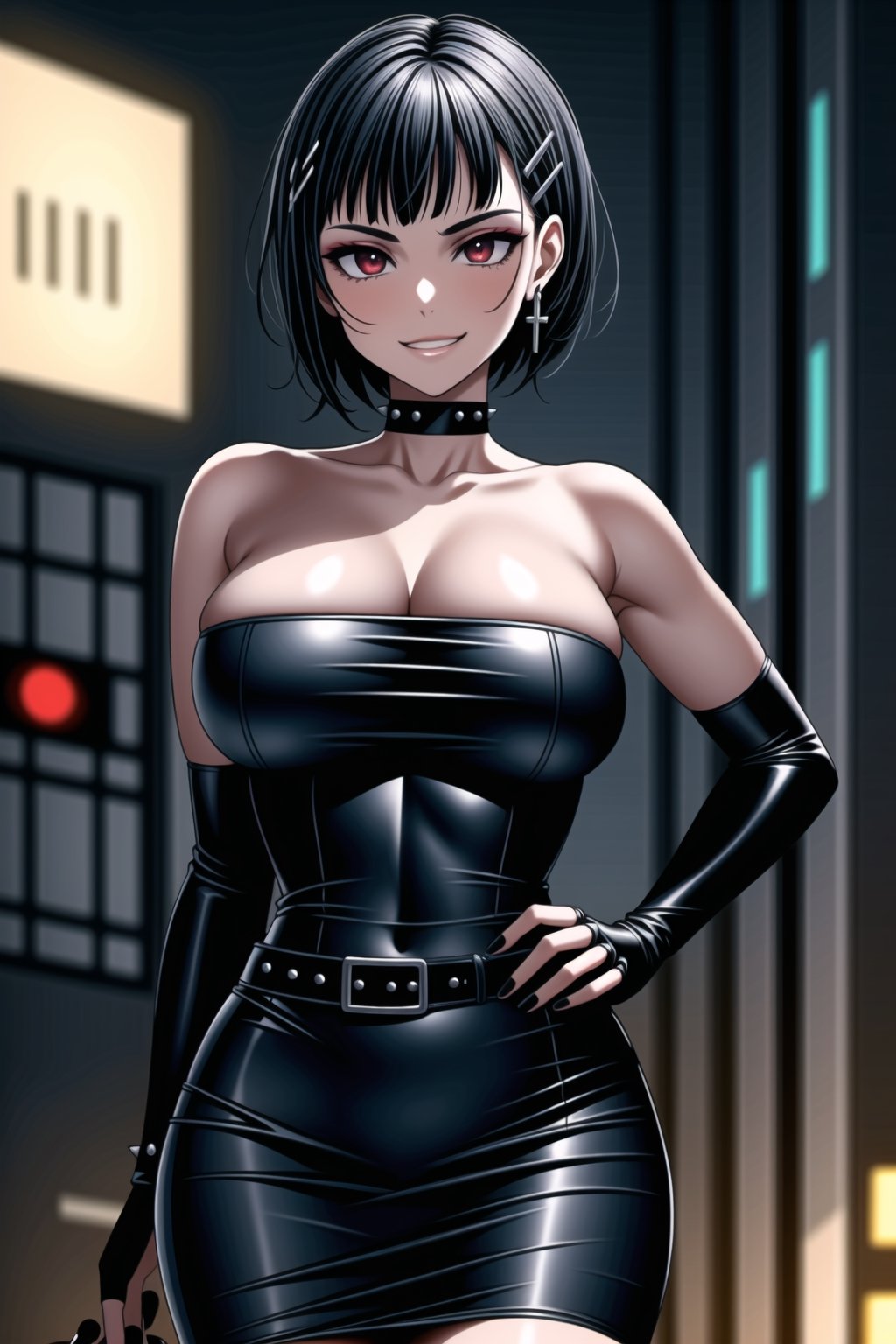 ((best quality)),  ((highly detailed)),  masterpiece,  ((official art)),  detailed face,  beautiful face, narrow_waist:1.3 , (intricate Black dress:1.4),(detailed eyes,  deep eyes),((extended_arm, presenting_gift, gift_giving, front_view, gesture)),(science fiction, cyberpunk:1.2, street, shopping, dark background),((smirk, grin, naughty face, seductive smile, smug, arm behind head, hand_on_own_hip, head_tilt)),, ,cowboy shot,(lips), ,kirigaya suguha, blunt bangs, short bangs, black hair:1.3, short hair, hair ornament, hairclip,(red eyes),  cross-laced clothes, (spiked bracelet), corset:1.4,chinese dress:1.2, hoop earring, curvaceous, voluptuous body, (makeup:1.3) (lips:1.3), (latex),  (black tube top:1.2), gloves, fingerless gloves, skirt, black choker, belt, pencil skirt, pantyhose, miniskirt, (black skirt), black gloves, black legwear, black choker, Black nails,large breasts, conspicuous elegance, snobby, upper class elitist, possesses an arroaant charm. her Dresence commands attention and enw, (intricately detailed, hyperdetailed), blurry background, depth of field, best quality, masterpiece, intricate details, tonemapping, sharp focus, hyper detailed, trending on Artstation, 1 girl, solo, high res, official art,<lora:659111690174031528:1.0>