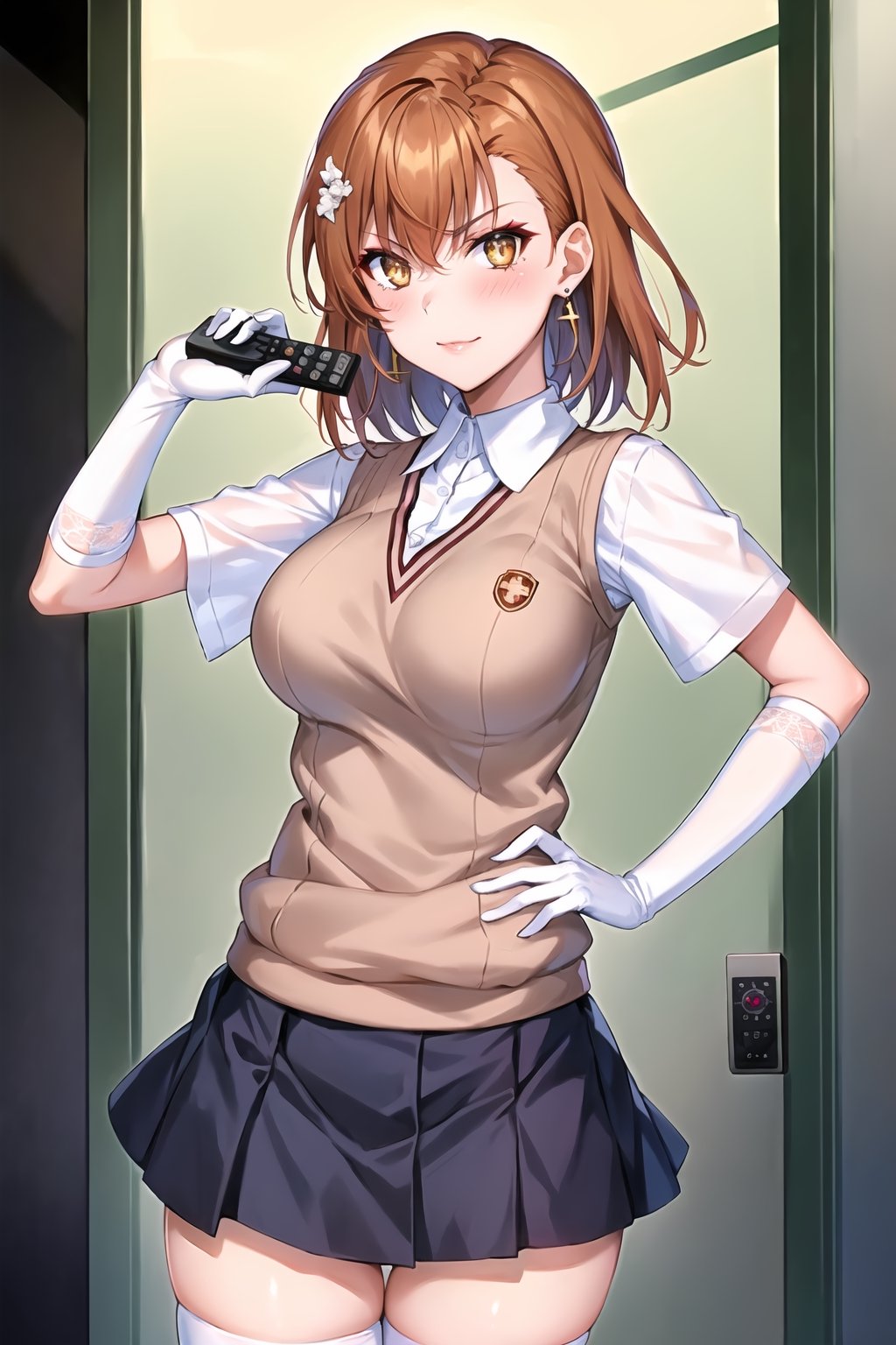 ((best quality)),  ((highly detailed)),  masterpiece,1girl, ((remote_control, aiming_at_viewer, closed_mouth, sparkling_eyes, smug, shaded_face)),(large breasts), tokiwadai school uniform, sweater vest, short sleeves, (](white gloves, elbow gloves)), pleated skirt, white thighhighs ,1girl, lips:1.2, makeup:1.2, ((gyaru)) ,jewelry, blush, earrings, looking at viewer, standing, cowboy shot, red hair, school, short hair, aamikoto ,hmmisaki,hypnoCollar,V-shaped eyebrows, 1girl