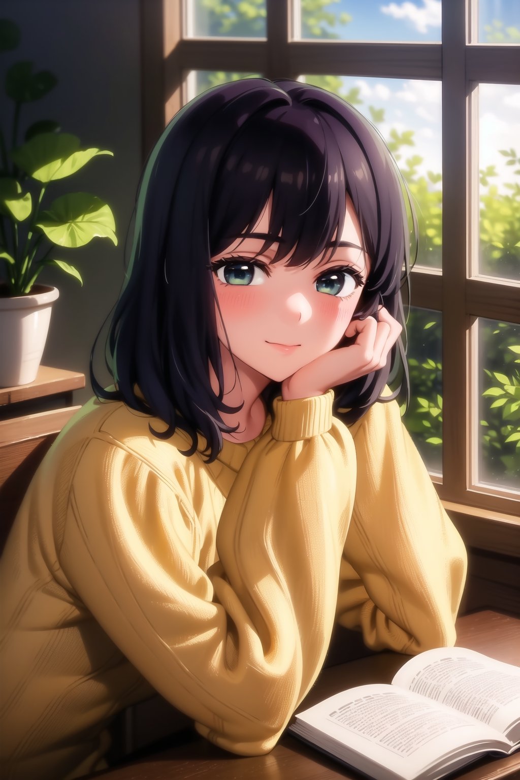 masterpiece, best quality, 1girl, looking at viewer, blush, long sleeves, sitting, closed mouth,  upper body,  indoors, book, window, plant, head rest, book stack, blunt bangs, sweater, soft smile,akane