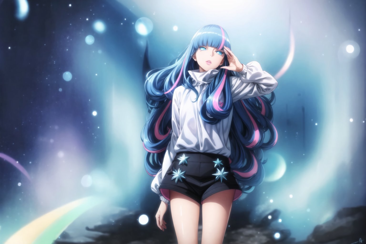 GFX, 1girl, solo, standing, artist name, signature, blurry, no humans, glowing, scenery, light particles, bubble, dark, purple theme,eida,long hair,blue hair,pink hair,multicolored hair,blue eyes,lips,two-tone hair,bangs,blunt bangs, long hair, white sweater, black shorts , Star, Star, posing:1.3