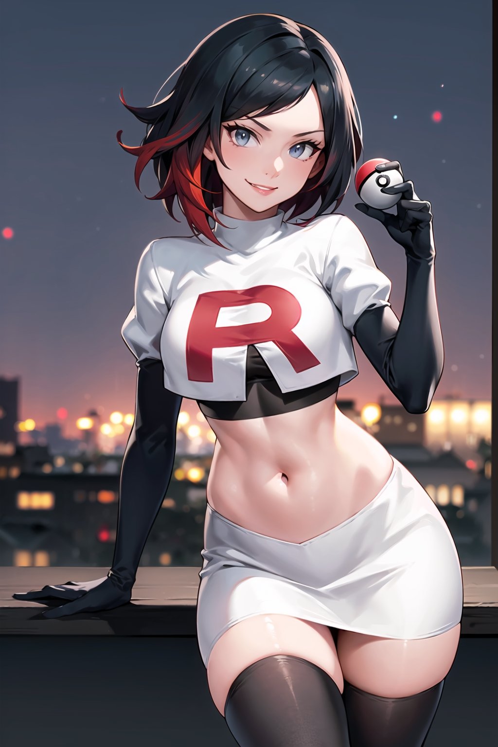 (best quality), (highly detailed), masterpiece, (official art), (ruby rose), posing, lips, ( evil smile), poke ball, poke ball (basic), holding poke ball,Team Rocket, cropped jacket, white jacket, crop top, jacket, gloves, black gloves, elbow gloves, navel, midriff, white skirt, miniskirt, skirt, thighhighs,, looking at viewer, china, asiática, city, night, sky, (intricately detailed, hyperdetailed), blurry background,depth of field, best quality, masterpiece, intricate details, tonemapping, sharp focus, hyper detailed, trending on Artstation,1 girl, high res, official art
