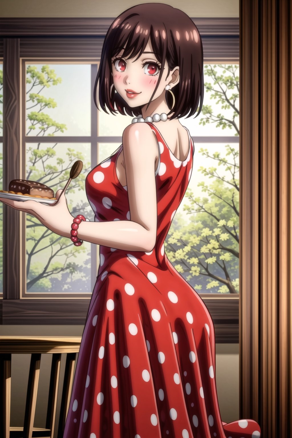 ((best quality)),  ((highly detailed)),  masterpiece,1girl, 1girl,  seductive smile, solo,   (Stepford),lips, makeup, lipstick,red lips, (pose),(polka dot:1.4), (polka dot dress:1.4),(pearl necklace:1.2), pearl bracelet, bare shoulders,(red dress:1.2),aroused, blush ,standing,  (large pearl necklace), (hoop earrings:1.2), looking at viewer, standing, cowboy shot, kitchen, cooking, indoors, house, windows, cortain, food ,RaeTaylor,red eyes, short hair, brown hair,ass, ass focus, looking back,,<lora:659111690174031528:1.0>