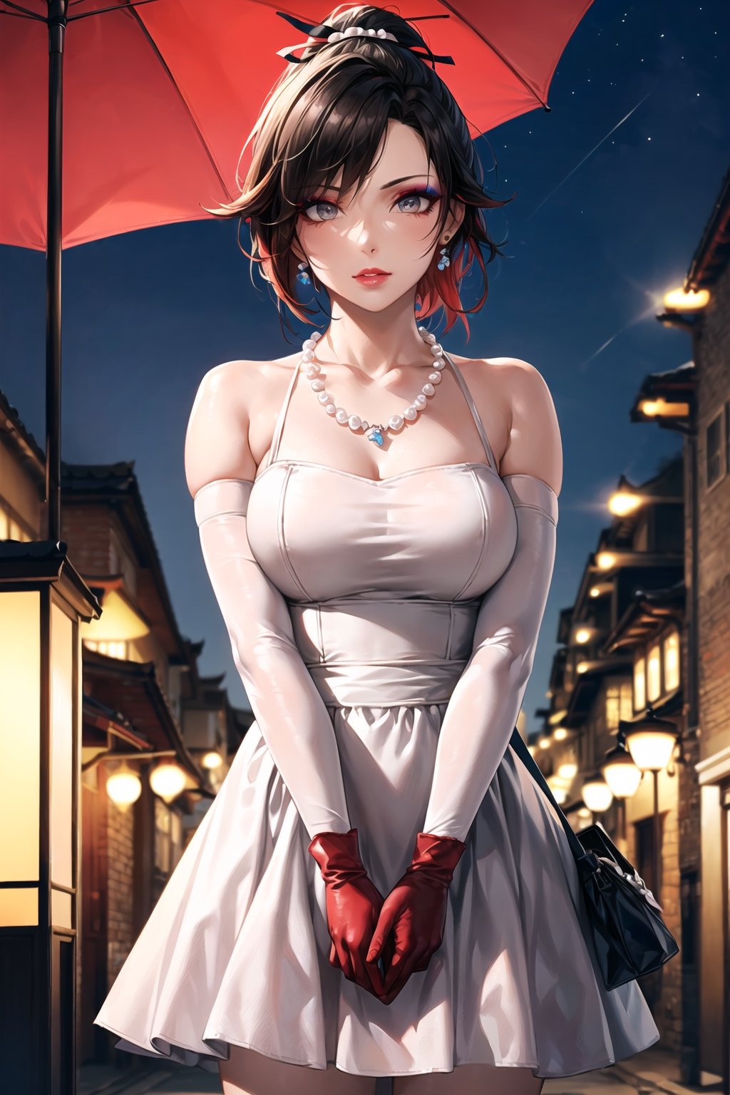 (best quality), (highly detailed), masterpiece, (official art), ,(ruby rose:1.2, ponytail:1.3), (makeup:1.5), (lips:1.3), parted_lips, blue earrings:1.3,jewelery:1.3,((long sleeves,  elbow gloves:1.2,dress, ribbon, ccollarbone, white dress:1.3,  pearl necklace:1.3, holding, holding bag, v arms:1.3)), looking at viewer, china, asiática, city, night, sky,  (intricately detailed, hyperdetailed), blurry background,depth of field, best quality, masterpiece, intricate details, tonemapping, sharp focus, hyper detailed, trending on Artstation,1 girl, high res, official art,StandingAtAttention,bestiality