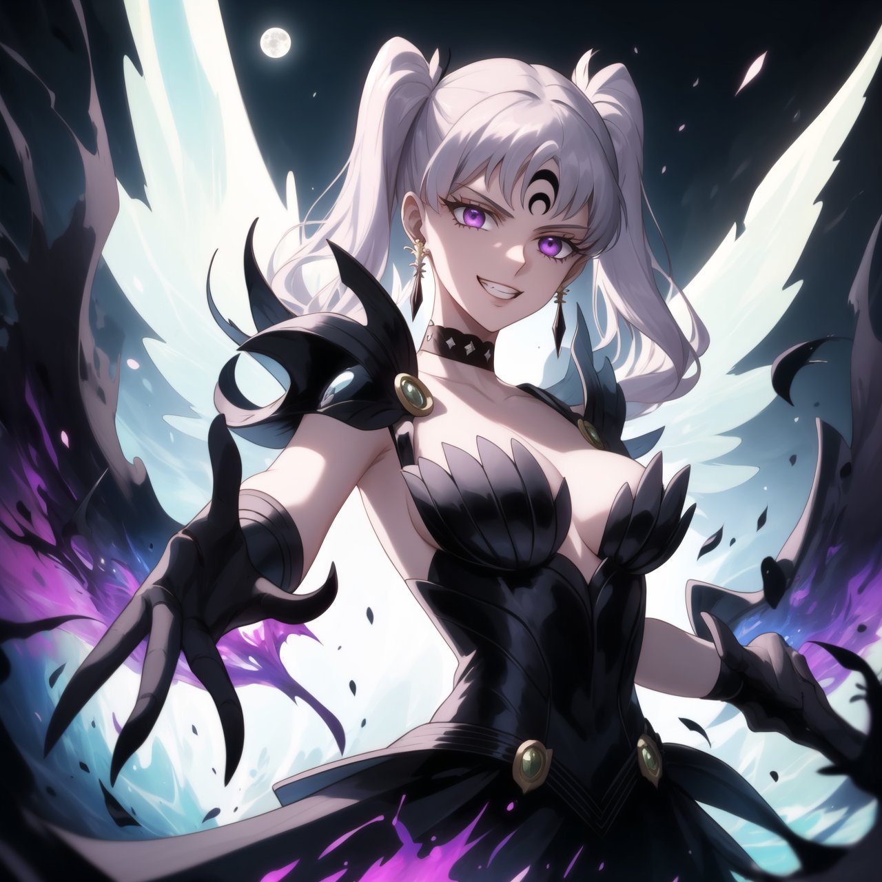 Here's a high-quality prompt for generating an image:

A dark, mystical artwork by noelle_silva, featuring a stunning character with silver hair styled in twintails and bangs, her piercing purple eyes gleaming with malevolent intent. Aged up, she poses confidently, her flowing silver locks framing her wicked grin as she summons dark electricity to strike her foe. She wears retro-armed armor, gloves, and jewelry, including black crystal earrings and a choker, her very presence seeming to draw in the shadows like the crescent-shaped facial mark on her forehead. In the background, a subtle hint of a black moon casts an eerie shadow, while she readies her Dark Sword, wings spread wide as she charges up energy for a devastating attack.