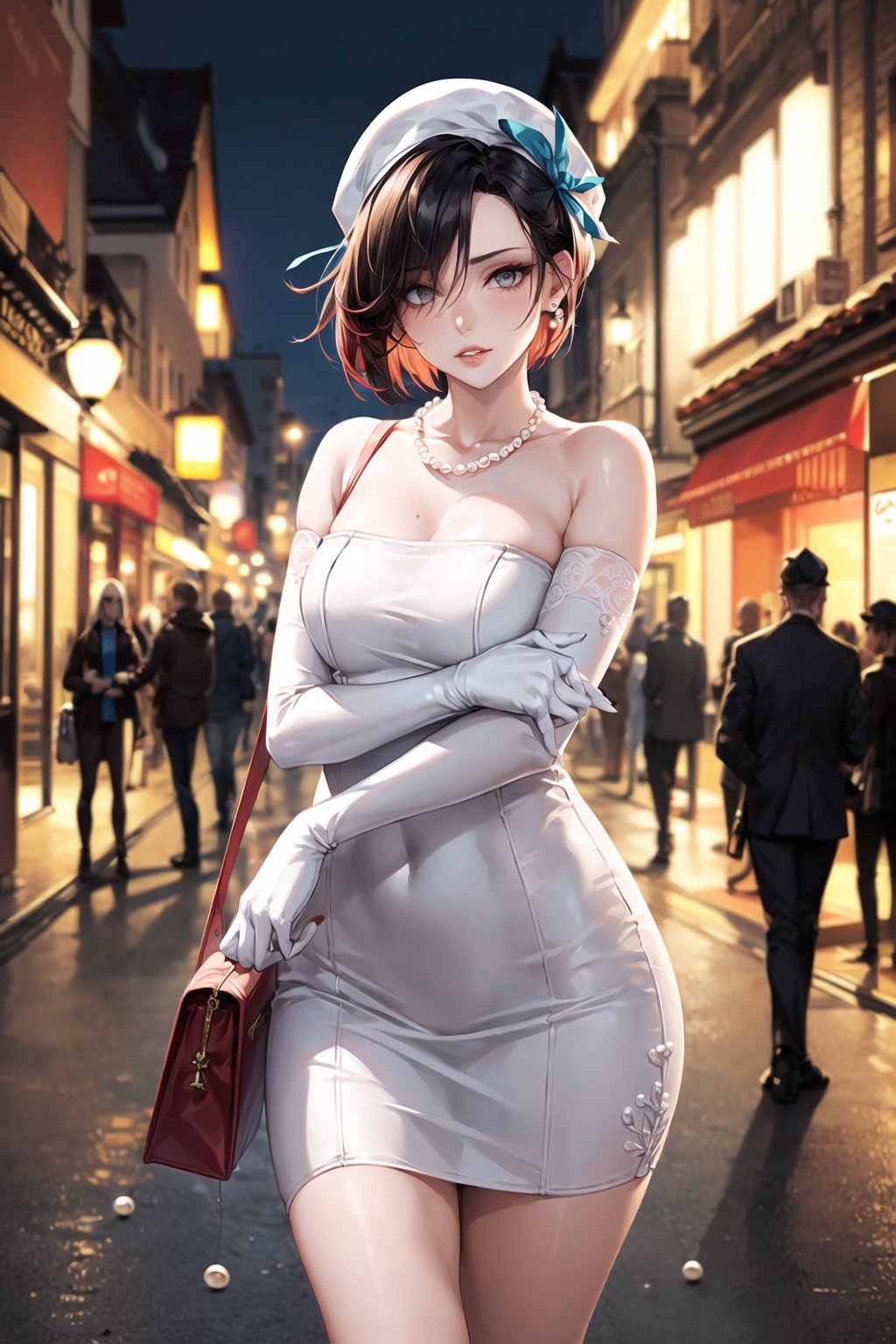 (best quality), (highly detailed), masterpiece, (official art), ,(ruby rose:1.2, hair bun:1.3), makeup:1.3, (lips:1.2), parted_lips, blue earrings:1.3,jewelery:1.3,((long sleeves,  elbow gloves:1.2,dress, ribbon, ccollarbone, white dress:1.3,  white headwear,  pearl necklace:1.3, holding, holding bag, v arms:1.3)), looking at viewer, china, asiática, city, night, sky,  (intricately detailed, hyperdetailed), blurry background,depth of field, best quality, masterpiece, intricate details, tonemapping, sharp focus, hyper detailed, trending on Artstation,1 girl, high res, official art,StandingAtAttention,bestiality