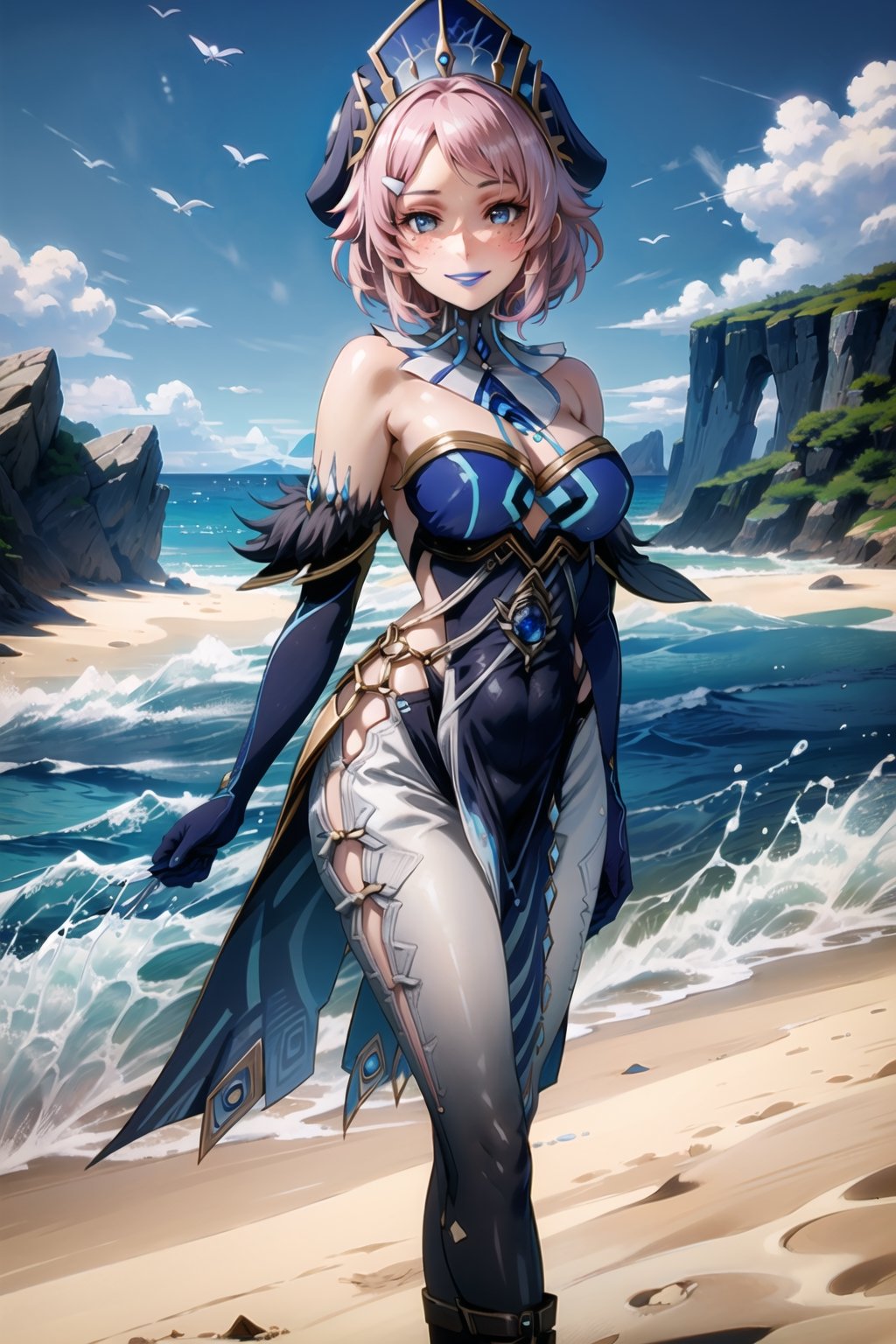 ((best quality)),  ((highly detailed)), (lisbeth, pink hair, hairclip, freckles) , masterpiece, 1girl,  evil smile:1.2, smug, seductive smile, solo, ,lips, makeup, ,standing,MirrorMaiden, dress, cleavage, makeup, lipstick, ((blue lips:1.2)), blue headwear, hat, fur trim, blue gloves, gloves, elbow gloves, white pants,boots,  blush, beach, sand, water, posing, outdoors