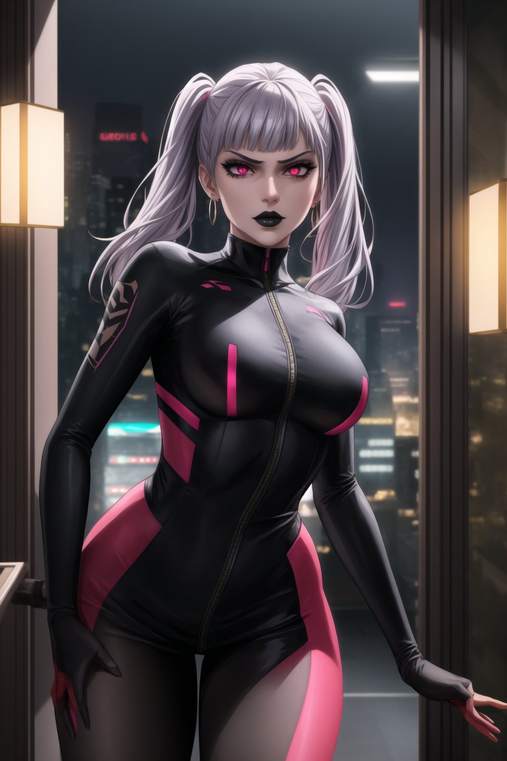 ((Best quality)), masterpiece, realistic illustration of a villainous noelle_silva, silver hair, twintails, blunt bangs:1.2, jewelry. She has glowing pink eyes and red eyes, ,with hoop earrings and black lipstick. Realistic illustration of a villainous ,neon ligth,black supersuit,  cyberpunk,dancing, dance, red eyes, black lipstick, hoop earring, neon suit, high quality, realism, detailed, city lights casting dramatic shadows, fierce and intense gaze, sleek design, professional, atmospheric lighting, villainous twist, ultra realistic, cinematic, octane render, photo realistic, detailed, hyper realism, with neon city lights casting dramatic shadows through the windows, creating an atmospheric lighting. 
The cityscape outside is detailed, with glowing signs and bustling streets. Her fierce and intense gaze, combined with the sleek design of her outfit, gives her a professional yet villainous twist. The scene is ultra-realistic, cinematic, with octane render and photo-realistic details, capturing the essence of hyper realism.,b1mb0,makeup,