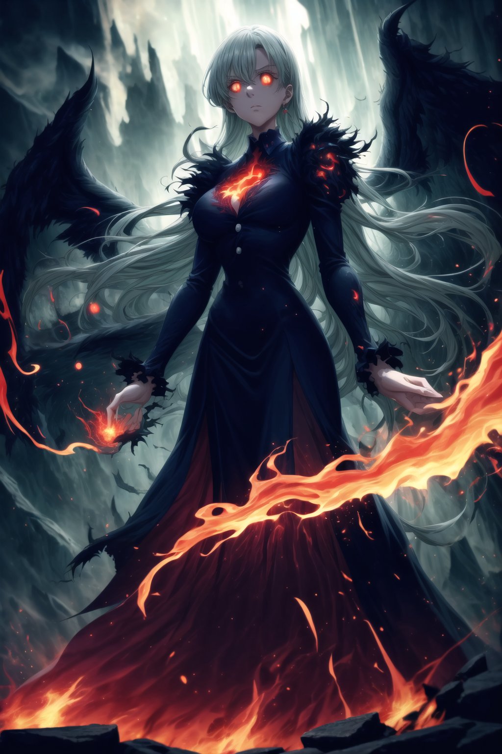 Wallpaper GFX of Elizabeth, ruler of hell, standing with malevolent authority. Her long black hair flows like tendrils of darkness, with a gradient shifting from white to deep black at the ends, giving a spectral effect. She wears a dark, elaborate gown adorned with glowing red symbols of cruelty and power. Her cold, piercing gaze is framed by her dark, demon wings, which spread wide, made of both black feathers and shadowy, ethereal mist. Behind her is a hellish landscape: rivers of glowing lava snake through jagged rocks, while tortured souls wail in the distance. The sky above is filled with dark clouds, crackling with red lightning that illuminates the scene in bursts. Around her, red and black glowing energy pulses and swirls, creating an ominous aura. The overall visual is accented by glowing embers, flickering flames, and smoky tendrils rising from the scorched earth, enhancing the atmosphere of dark dominion and power.