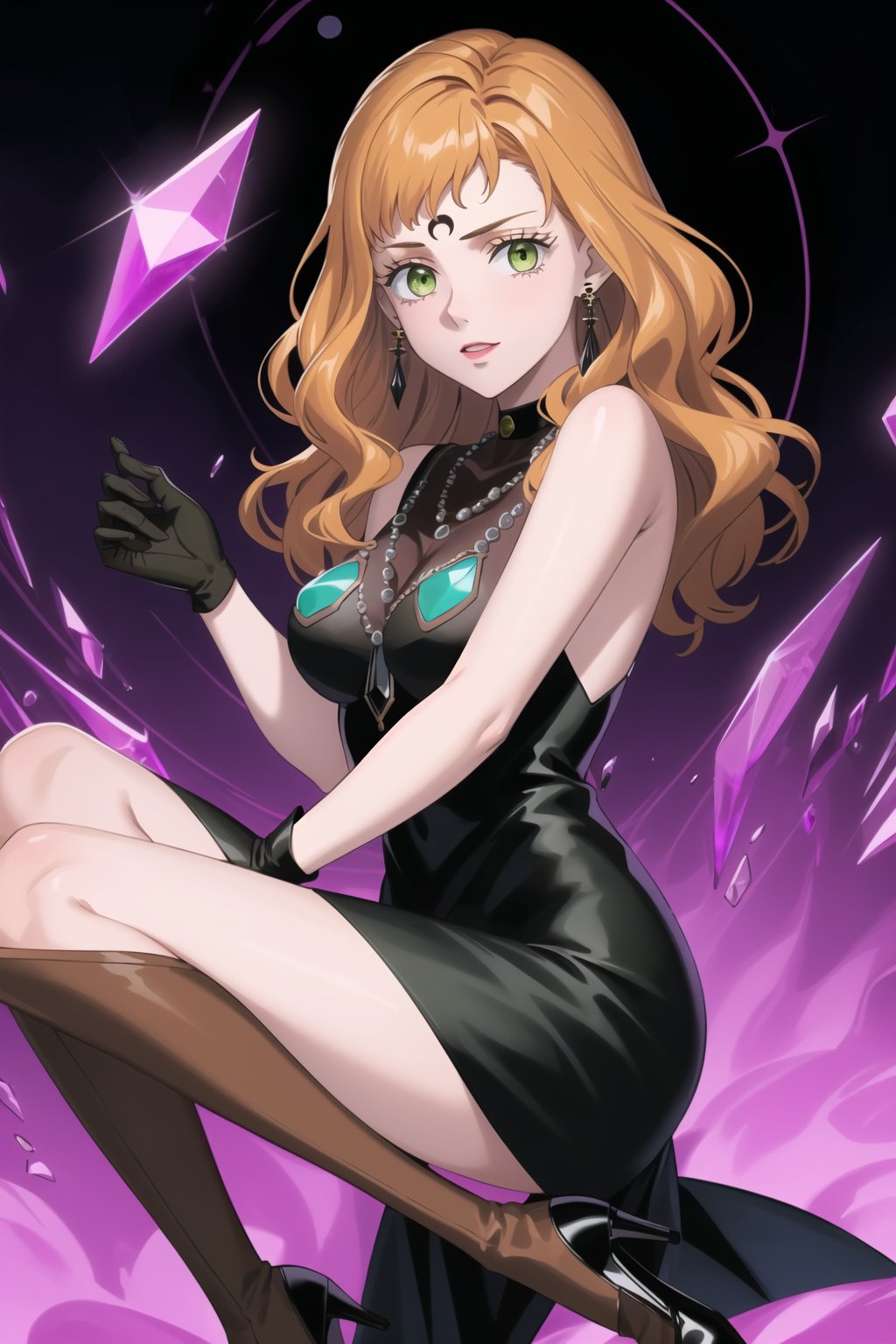 (best quality), (highly detailed), masterpiece, (official art),mimosa vermillion, orange hair, green eyes , makeup, ((black moon, forehead mark, crescent facial mark, black crystal earrings)), jewelry,  black dress, sleeveless dress, short dress, high collar, black gloves, long gloves, black knee-high boots, high heels, large turquoise necklace, gemstone necklace, dangling earrings, gemstone earrings, black choker, 
s, purple background, room