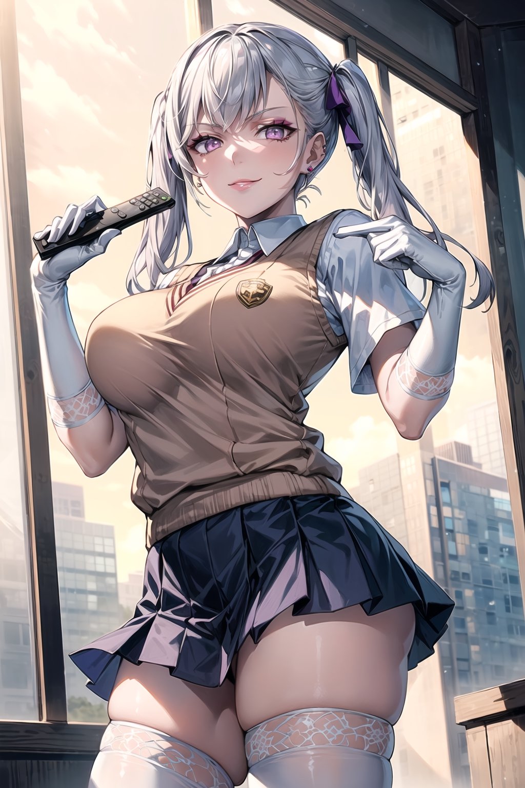 ((best quality)),  ((highly detailed)),  masterpiece,1girl, noelle_silva, silver hair,purple eyes, twintails, bangs, earrings, jewelry, ((remote_control, closed_mouth, sparkling_eyes, smug, shaded_face,evil smile)),(large breasts), tokiwadai school uniform, sweater vest, short sleeves, ((white gloves, elbow gloves)), pleated skirt, white thighhighs ,1girl, lips:1.2, makeup:1.2, ((gyaru)) , looking at viewer, standing, cowboy shot, school, 