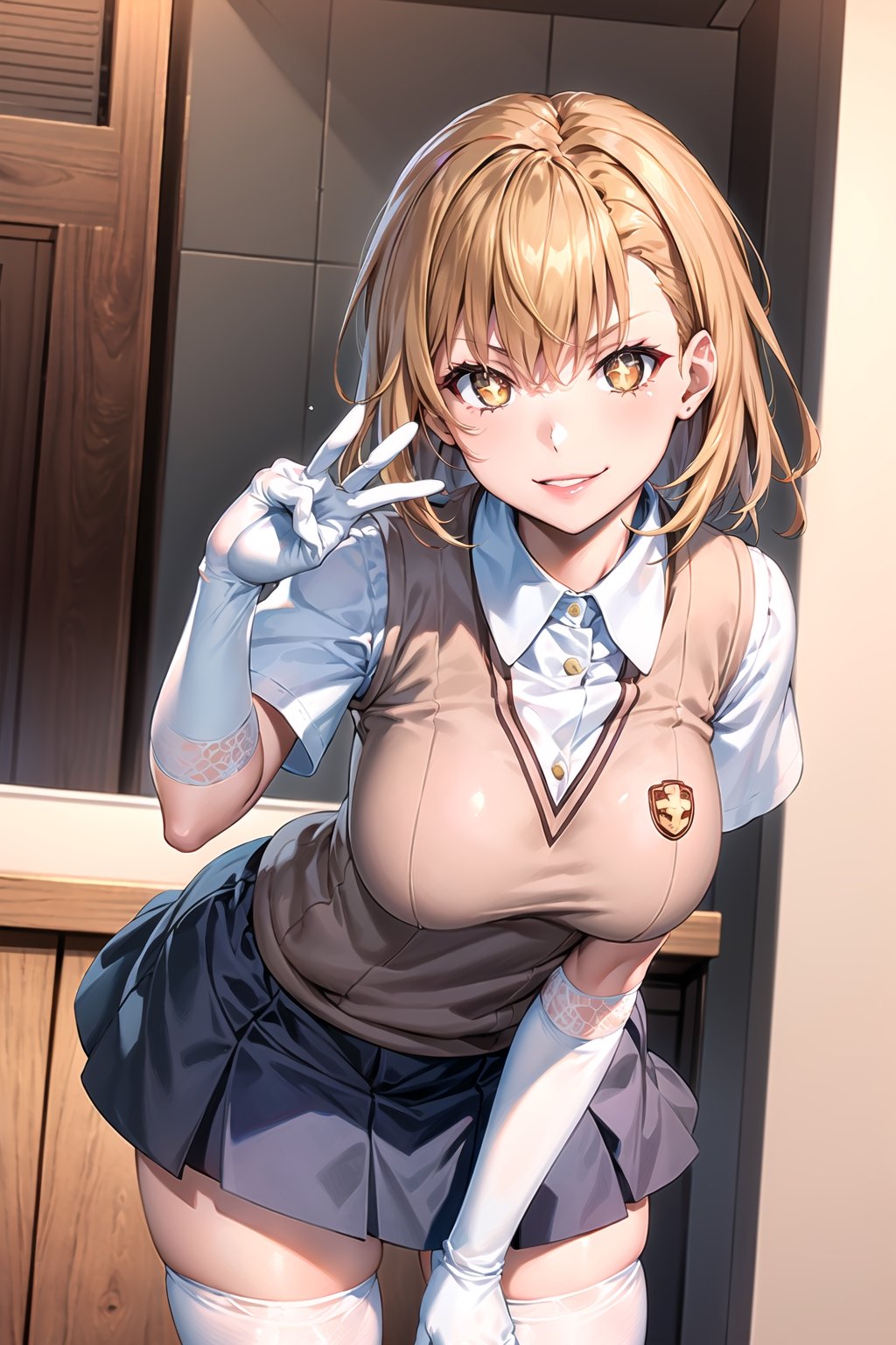 ((best quality)),  ((highly detailed)),  masterpiece,1girl, ((sparkling_eyes, smug, shaded_face,evil smile)),(large breasts), tokiwadai school uniform, sweater vest, short sleeves, ((white gloves, elbow gloves)), pleated skirt, white thighhighs ,1girl, lips:1.3, red lips, makeup:1.3, ((gyaru)), blonde hair, school, short hair, aamikoto, leaning_forward,1girl, symbol-shaped pupils, +_+, 