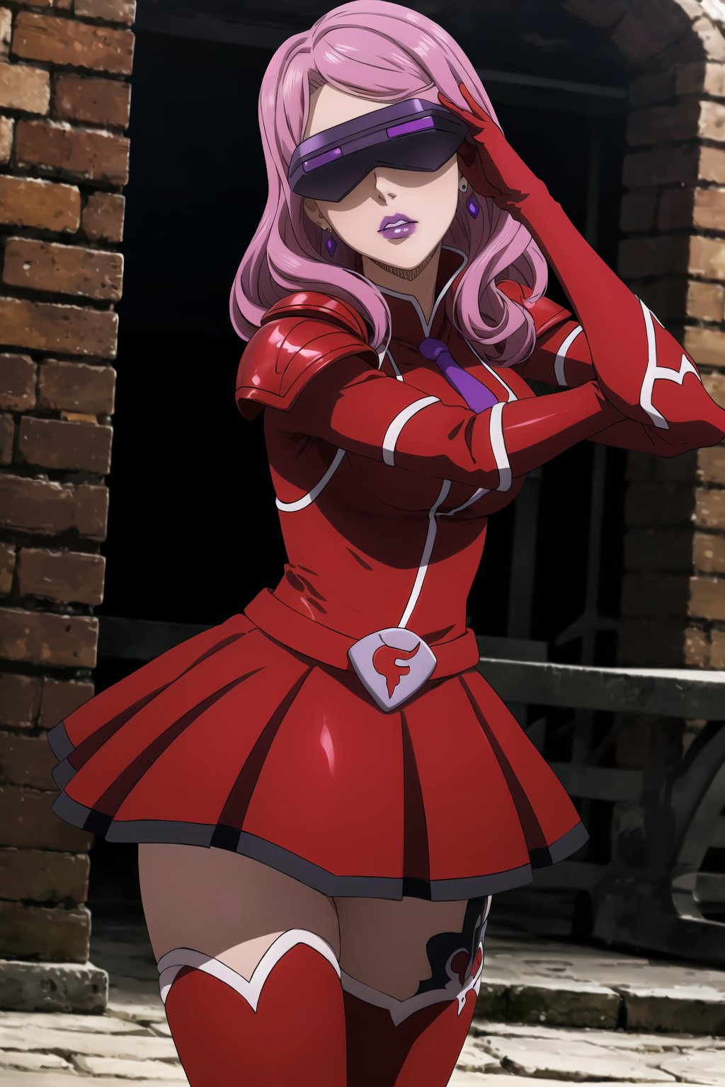 (best quality), (highly detailed), masterpiece, (official art),Vanessa, jewelry, earrings, long hair, pink hair,, mature_female, 1girl, solo, ((head-mounted display)), ((purple lips:1.2)), (team flare:1.2),  gloves,((armor, juliet_sleeves:1.2)), long_sleeves , pleated skirt,  necktie, red dress, belt, red dress, (pantyhose, red footwear1.2), (lips:1.2), ((arms at sides)),, cowboy shot, looking at viewer, indoors, blurry background,depth of field, best quality, masterpiece, intricate details, tonemapping, sharp focus, hyper detailed, trending on Artstation, salute,nozomi toujou