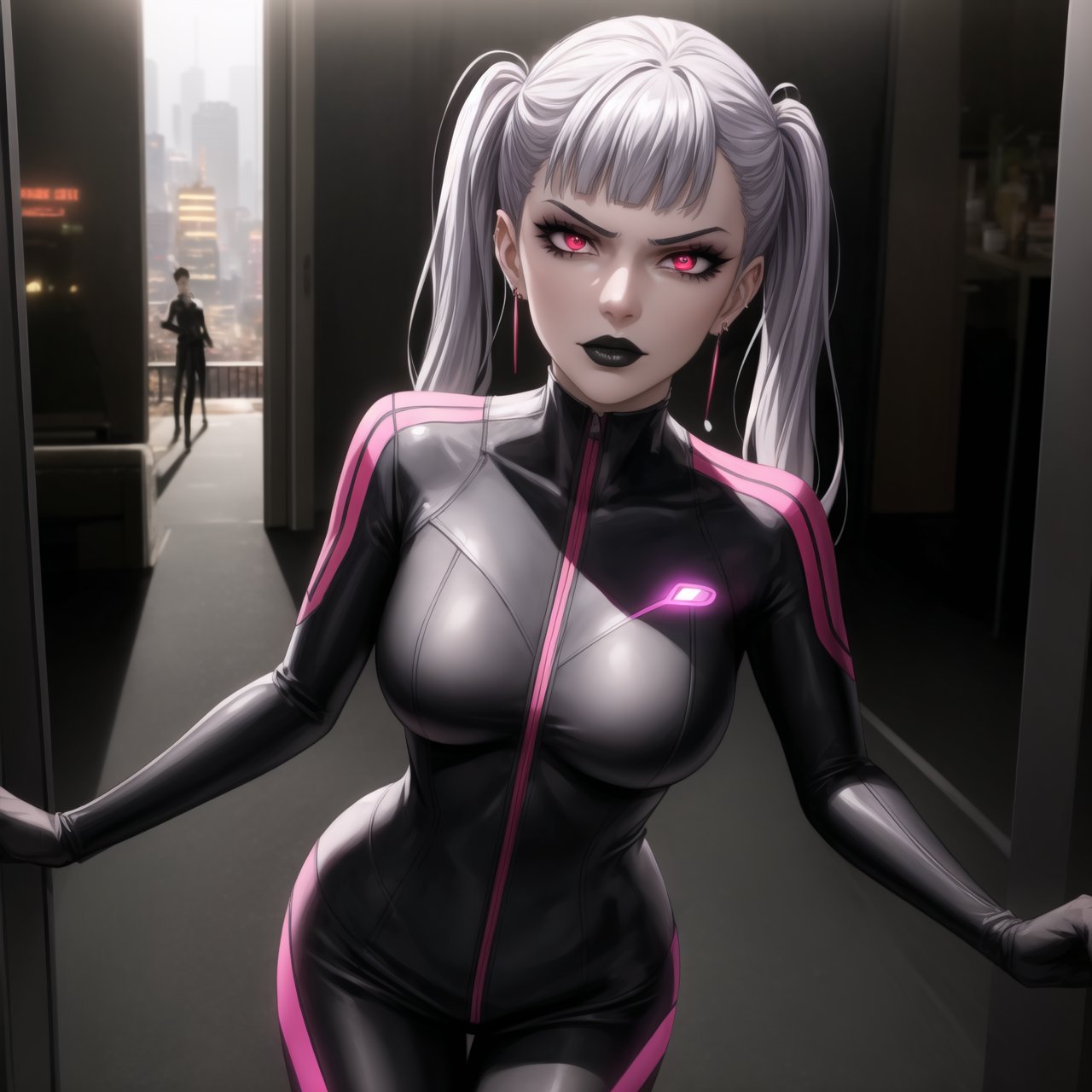 ((Best quality)), masterpiece, realistic illustration of a villainous noelle_silva, silver hair, twintails, blunt bangs:1.2, jewelry. She has glowing pink eyes and red eyes, ,with hoop earrings and black lipstick. Realistic illustration of a villainous ,neon ligth,black supersuit,  cyberpunk,dancing, dance, red eyes, black lipstick, hoop earring, neon suit, high quality, realism, detailed, city lights casting dramatic shadows, fierce and intense gaze, sleek design, professional, atmospheric lighting, villainous twist, ultra realistic, cinematic, octane render, photo realistic, detailed, hyper realism, with neon city lights casting dramatic shadows through the windows, creating an atmospheric lighting. 
The cityscape outside is detailed, with glowing signs and bustling streets. Her fierce and intense gaze, combined with the sleek design of her outfit, gives her a professional yet villainous twist. The scene is ultra-realistic, cinematic, with octane render and photo-realistic details, capturing the essence of hyper realism.,b1mb0,makeup,