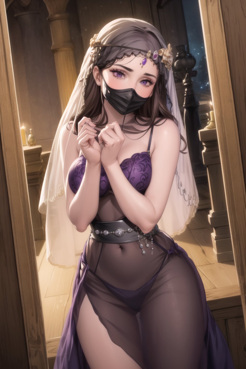 ((best quality)), ((highly detailed)), masterpiece, ((official art)), detailed face, beautiful face, (detailed eyes, deep eyes), seductive posing, (cowboy shot),diane, long hair, brown hair, purple eyes, empty eyes:1.2,,((veil, transparent,mask Veil,Veil)) v3il, face veil, (forehead jewel opal), crystal head veil, (cowboy shot), eyeliner, eyeshadow, makeup, purple lips [brown hair] hair ,ethereal nightgown, (sash), (cowboy shot), grand hall, . shallow depth of field, vignette, highly detailed, high budget, bokeh, cinemascope, moody, epic, gorgeous, film grain, grainy