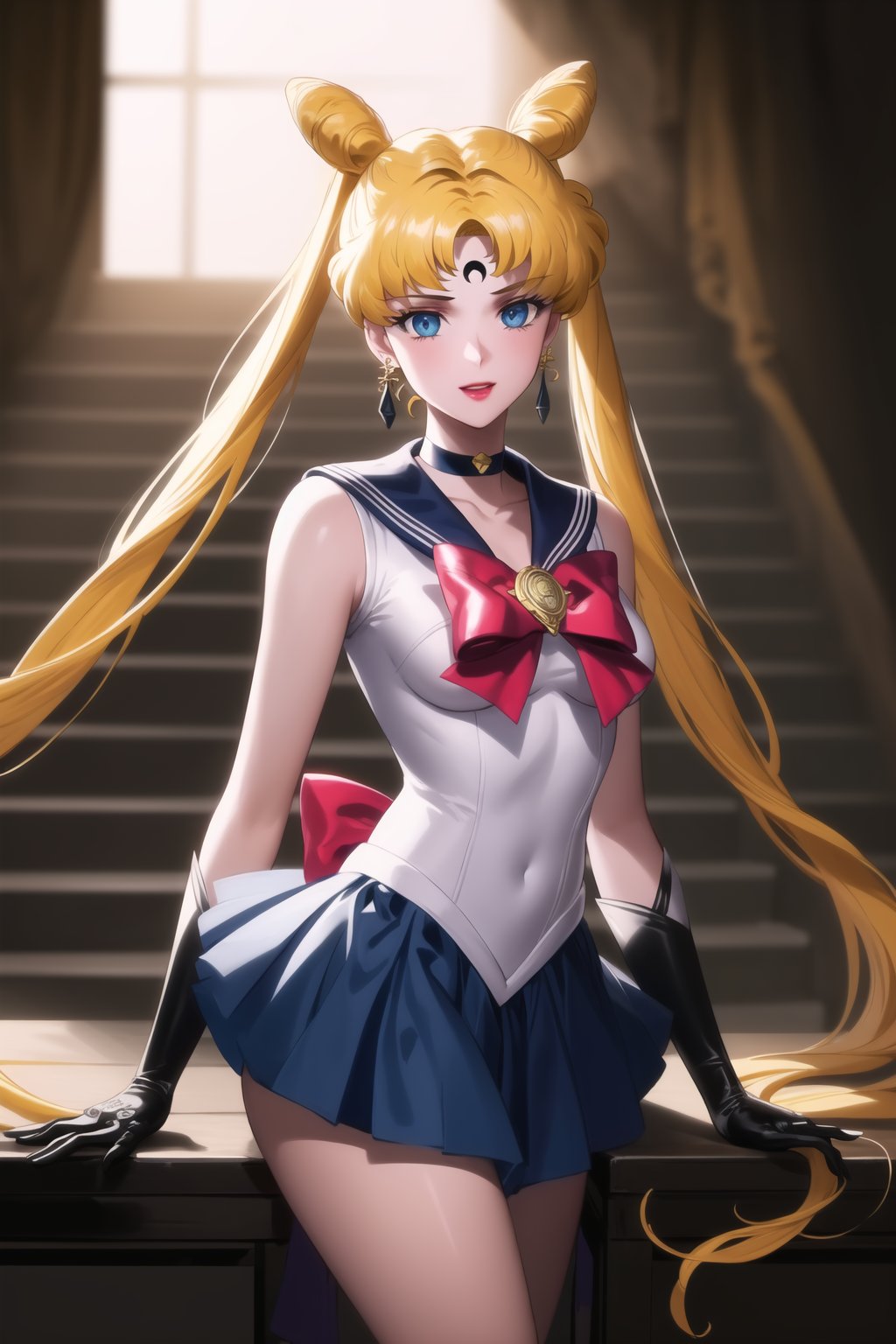 (best quality), (highly detailed), masterpiece, (official art),aausagi, double bun, twintails, parted bangs. blonde hair, makeup, forehead mark, crescent facial mark,  lipstick, black crystal earrings, aged up, sailor moon, black sailor, choker, red bow, black gloves, elbow gloves, blue skirt, latex, intricately detailed, hyperdetailed, blurry background, depth of field, best quality, masterpiece, intricate details, tonemapping, sharp focus, hyper detailed, trending on Artstation, 1 girl, high res, official art,