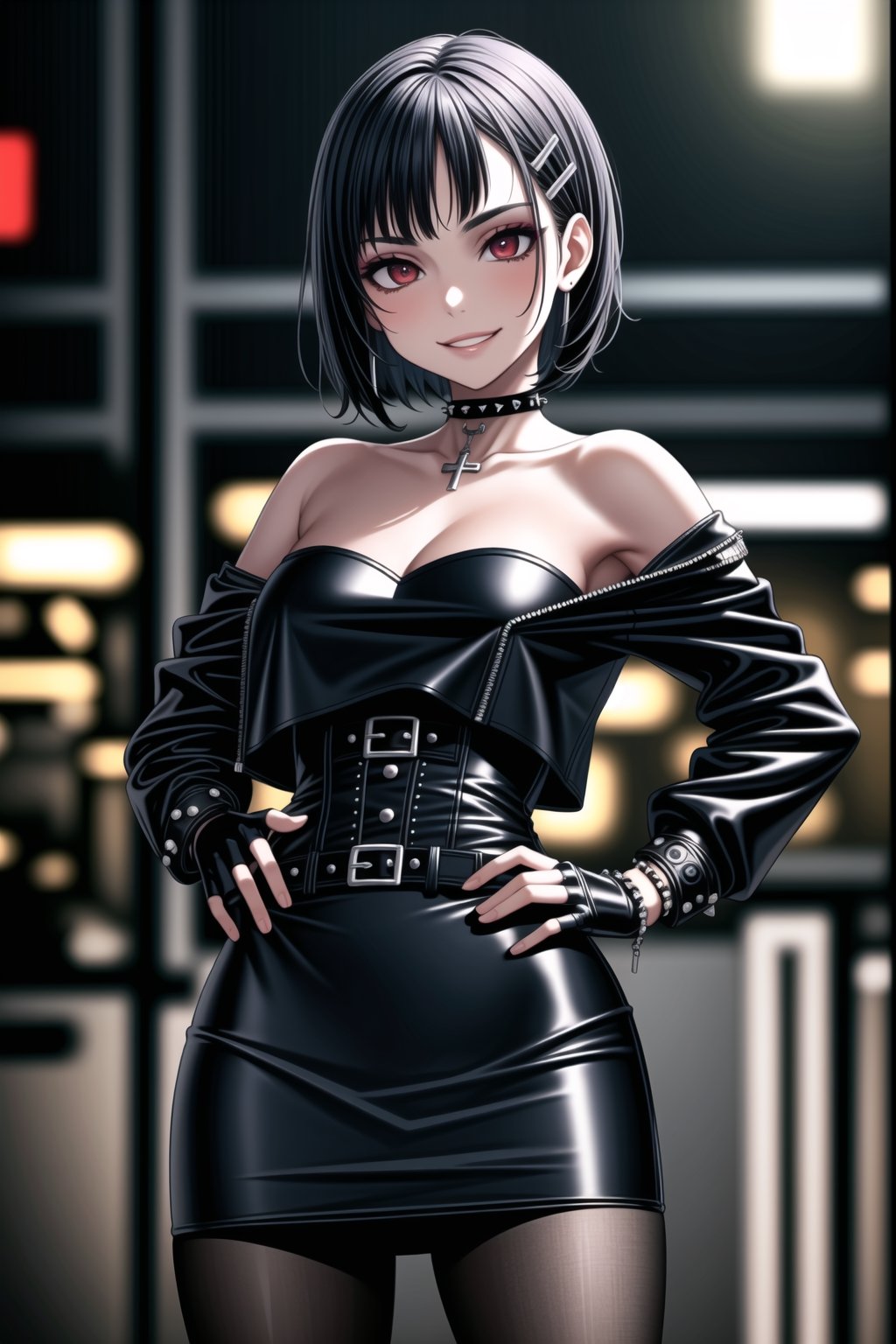 ((best quality)),  ((highly detailed)),  masterpiece,  ((official art)),  detailed face,  beautiful face,  (detailed eyes,  deep eyes),((extended_arm, presenting_gift, shopping_bag, gift_giving, front_view, gesture)),(science fiction, cyberpunk:1.4, street, shopping, dark background),((smirk, grin, naughty face, seductive smile, smug, arm behind head, hand_on_own_hip, head_tilt)),, ,cowboy shot,(lips), ,kirigaya suguha, blunt bangs, short bangs, black hair:1.3, short hair, hair ornament, hairclip,(red eyes),  cross-laced clothes, (spiked bracelet), necklace, corset, hoop earring, curvaceous, voluptuous body, (makeup:1.3) (lips:1.3), (latex), (black top), (black strapless:1.2), gloves, fingerless gloves, jacket, skirt, black choker, black leather jacket, (dark jacket), belt, pencil skirt, pantyhose, open jacket, miniskirt, (black skirt), black gloves, black legwear, black choker, medium breast, conspicuous elegance, snobby, upper class elitist, possesses an arroaant charm. her Dresence commands attention and enw, (intricately detailed, hyperdetailed), blurry background, depth of field, best quality, masterpiece, intricate details, tonemapping, sharp focus, hyper detailed, trending on Artstation, 1 girl, solo, high res, official art,<lora:659111690174031528:1.0>