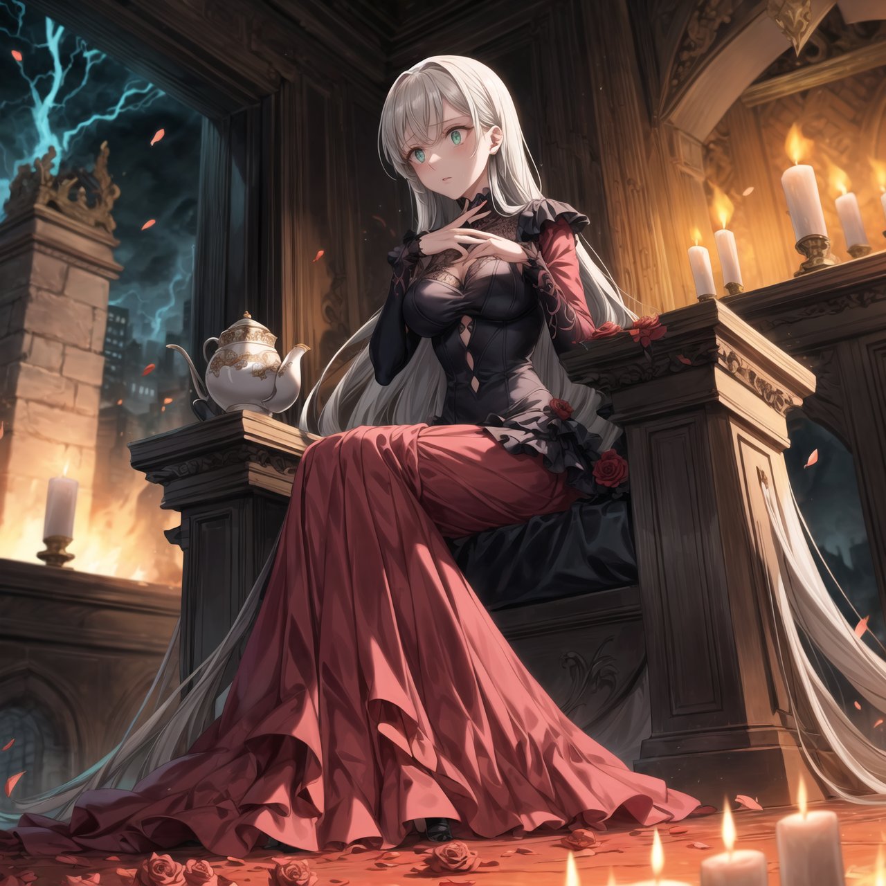 Anime illustration of Elizabeth, transformed into the corrupted ruler of Hell, sitting on a luxurious golden throne on a grand balcony. Her long hair flows from a gradient of white to black, symbolizing her descent into darkness, and her once green eyes now glow with a menacing red hue. She wears an elaborate black and red gown adorned with sinister symbols and glowing red accents, reflecting her dominance and cruelty.

Elizabeth's expression is cold and devoid of emotion as she holds a delicate porcelain teacup with her right hand, her left finger placed on her lips in a gesture of silence. Her gaze is fixed on the scene before her, a hellish landscape of a city engulfed in flames. Tall buildings and ancient architecture are crumbling and burning, casting an orange and red glow across the sky, creating a dramatic and chaotic atmosphere.

The balcony is decorated with large vases overflowing with vibrant red roses, some petals gently falling in the foreground, adding a touch of morbid beauty to the scene. The setting sun enhances the fiery ambiance, casting long shadows and illuminating the destruction.

On the table beside her, there are various elegant tea sets and a candlestick with lit candles, adding a warm light to the dark setting. Rivers of lava flow through the city, jagged rocks protrude from the ground, and tormented souls can be seen in the distance. Dark clouds swirl above with lightning illuminating the oppressive atmosphere of her dominion.