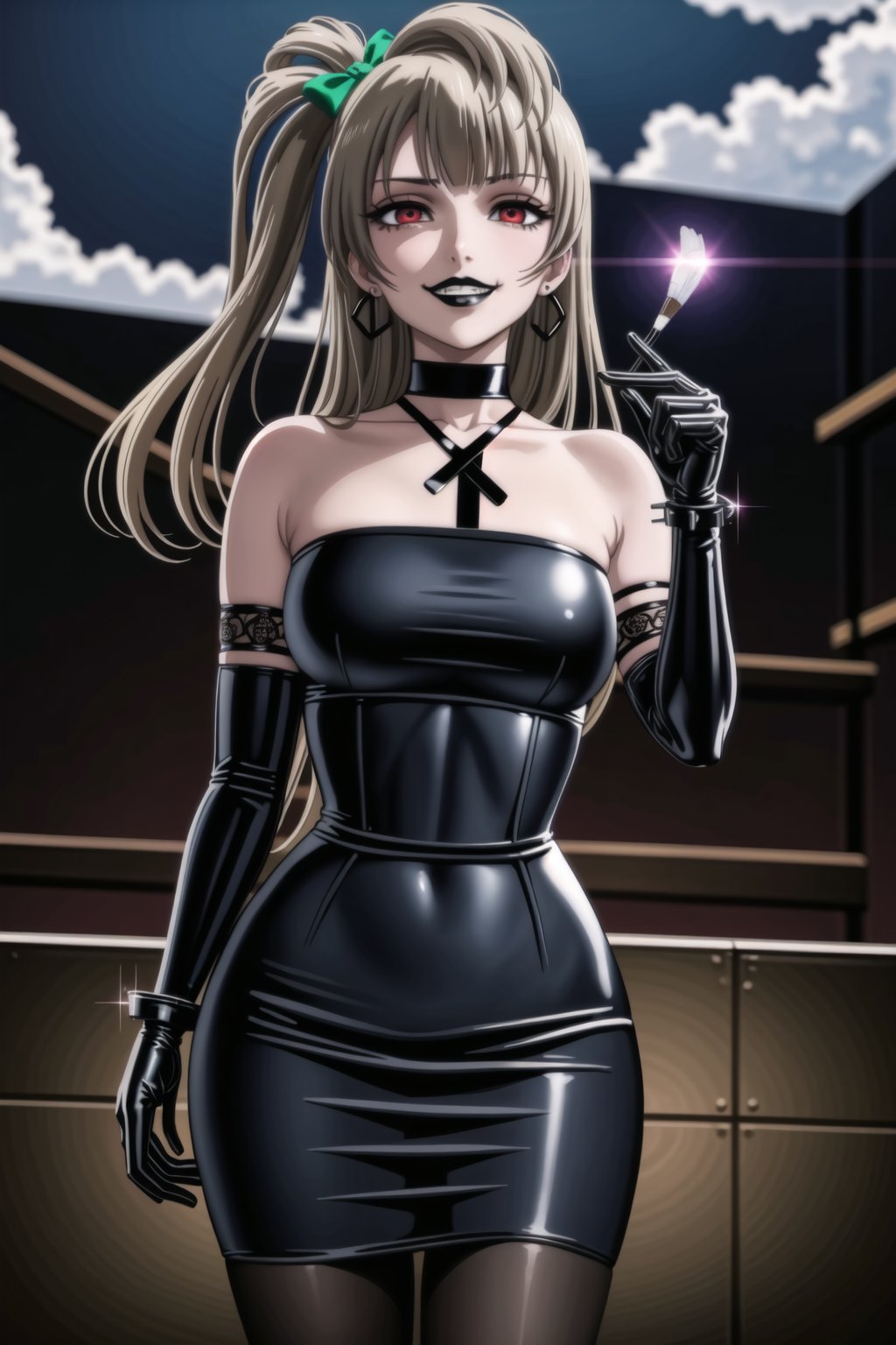 ((best quality)),  ((highly detailed)),  masterpiece,(Black lips:1.4), (white skin:1.4), ((official art)),  detailed face,  beautiful face, (cross-laced clothes:1.3), narrow_waist:1.3, dominatrix:1.4 , (intricate Black dress:1.4), (detailed eyes,  deep eyes),science fiction, cyberpunk:1.3, street, shopping, pose:1.3, smoke:1.3, holding cigarette:1.3, smoking:1.2,((smirk, grin, naughty face, seductive smile, smug)) ,cowboy shot,(lips), minami kotori, long hair,  bangs, hair bow, green bow, (red eyes:1.3),   (spiked bracelet), corset:1.4, (black hoop earring:1.3), curvaceous, voluptuous body, (makeup:1.5) (lips:1.3), (latex:1.3),  (black tube top:1.2), gloves,(elbow gloves:1.2), skirt, black choker, pencil skirt, pantyhose, miniskirt, (black skirt), black gloves, black legwear, black nails,large breasts:1.2, (intricately detailed, hyperdetailed), blurry background, depth of field, best quality, masterpiece, intricate details, tonemapping, sharp focus, hyper detailed, trending on Artstation, 1 girl, solo, high res, official art,RockOfSuccubus,,kotori minami,minami kotori,,,black lips,<lora:659111690174031528:1.0>