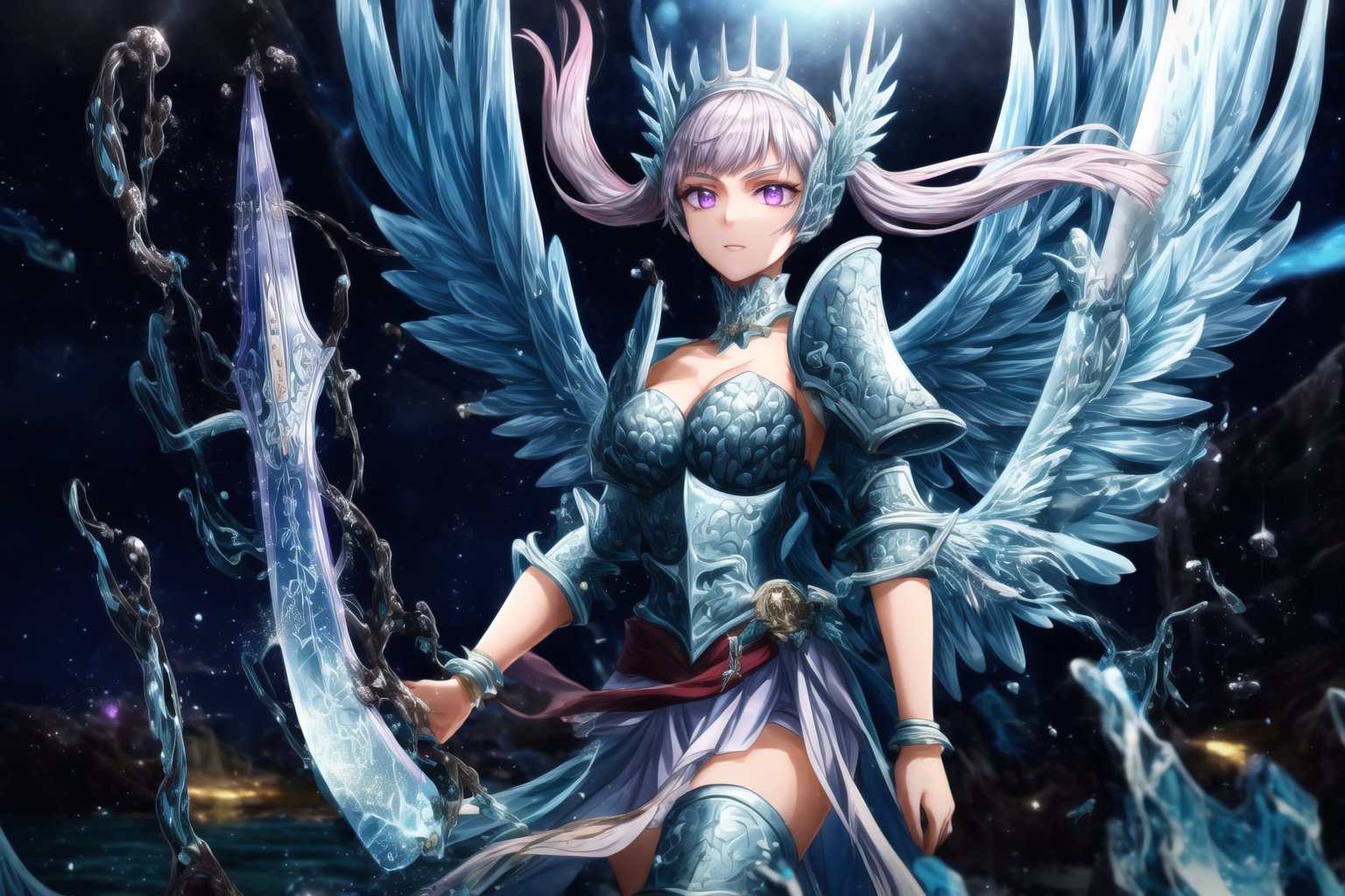 GFX wallpaper featuring Noelle Silva as a Valkyrie, with twintailed silver hair and shimmering water armor that appears both solid and liquid. The scene is illuminated by a radiant sword in her hand, casting light across the battlefield. Her wings, crafted from water, sparkle as if catching the light of a distant sun, and her purple eyes glow intensely. Water splashes around her armor, and energy beams shoot through the background. Her armored dress is detailed with intricate runes and silver accents, all glimmering as if imbued with magic. The background shows crashing waves, with water particles frozen mid-air, glowing in vibrant blue, violet, and white hues.,DonMRun3Bl4d3