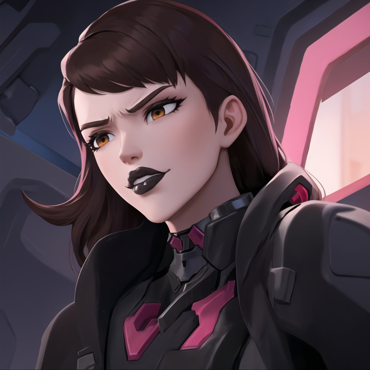 (best quality), (highly detailed), masterpiece, (official art),  dva, brown hair, messy hair, brown eyes, black lips:1.2, lips:1.3,cinematic illustration of D.Va (Hana Song) reimagined as a deadly assassin for Talon. She wears a sleek, form-fitting black and red tactical suit, designed for stealth and combat. The suit is accented with red, glowing lines and Talon’s emblem, highlighting her allegiance. Her expression is cold and determined, metallic black suit with glowing red circuits and a visor replacing her sunglasses. Her black lips contrast with the bright red emblem ,hd quality, perfect face ,realistic, realistic body , perfect face sync,,b1mb0, 