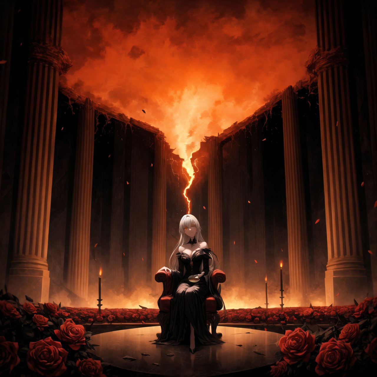 Anime illustration of Elizabeth, transformed into the corrupted ruler of Hell, sitting on a luxurious golden throne on a grand balcony. Her long hair flows from a gradient of white to black, symbolizing her descent into darkness, and her once green eyes now glow with a menacing red hue. She wears an elaborate black and red gown adorned with sinister symbols and glowing red accents, reflecting her dominance and cruelty.

Elizabeth's expression is cold and devoid of emotion as she holds a delicate porcelain teacup with her right hand, her left finger placed on her lips in a gesture of silence. Her gaze is fixed on the scene before her, a hellish landscape of a city engulfed in flames. Tall buildings and ancient architecture are crumbling and burning, casting an orange and red glow across the sky, creating a dramatic and chaotic atmosphere.

The balcony is decorated with large vases overflowing with vibrant red roses, some petals gently falling in the foreground, adding a touch of morbid beauty to the scene. The setting sun enhances the fiery ambiance, casting long shadows and illuminating the destruction.

On the table beside her, there are various elegant tea sets and a candlestick with lit candles, adding a warm light to the dark setting. Rivers of lava flow through the city, jagged rocks protrude from the ground, and tormented souls can be seen in the distance. Dark clouds swirl above with lightning illuminating the oppressive atmosphere of her dominion.