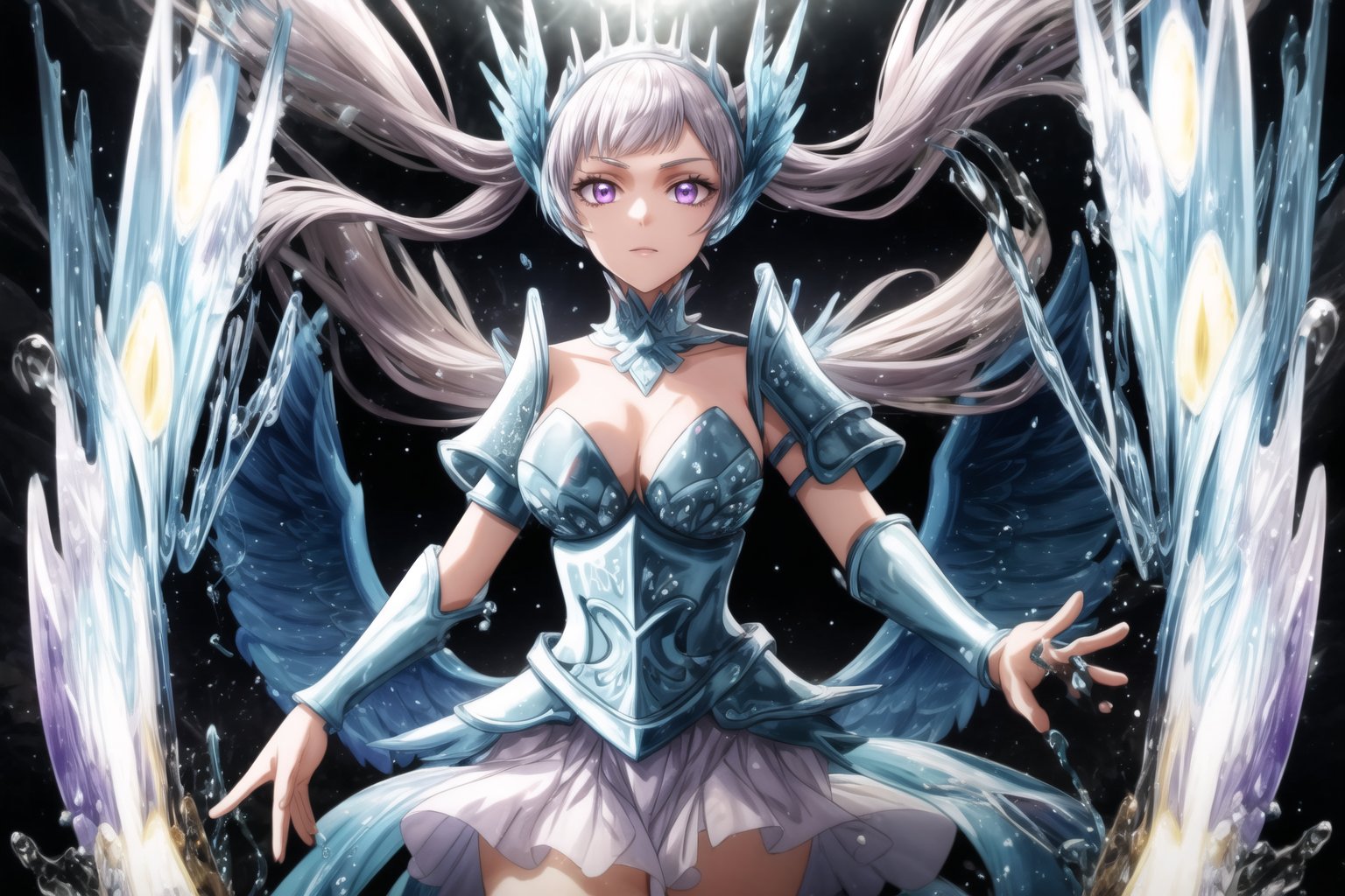 GFX wallpaper featuring Noelle Silva as a Valkyrie, with twintailed silver hair and shimmering water armor that appears both solid and liquid. The scene is illuminated by a radiant sword in her hand, casting light across the battlefield. Her wings, crafted from water, sparkle as if catching the light of a distant sun, and her purple eyes glow intensely. Water splashes around her armor, and energy beams shoot through the background. Her armored dress is detailed with intricate runes and silver accents, all glimmering as if imbued with magic. The background shows crashing waves, with water particles frozen mid-air, glowing in vibrant blue, violet, and white hues.