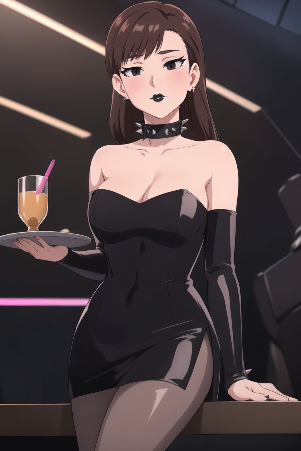 ((best quality)),  ((highly detailed)),  masterpiece,  ((official art)),((black eyes, empty eyes,expressionless,hypnosis)), intricate earrings, holding tray, tray, alcohol, ((makeup,lipstick, black lips:1.2)),absurdres, (spiked collar:1.2), lips,  blush:1.2,  (black latex:1.3),  black dress:1.2,  miniskirt  ((hyge breasts)),  bare shoulders,  ((strapless)),  indoorrs, neon ligth, club,  (night club:1.3) ,black pantyhose:1.2 , hd quality,  perfect face , realistic,  realistic body,  perfect face sync, b1mb0, black lips, dva, brown hair, long hair