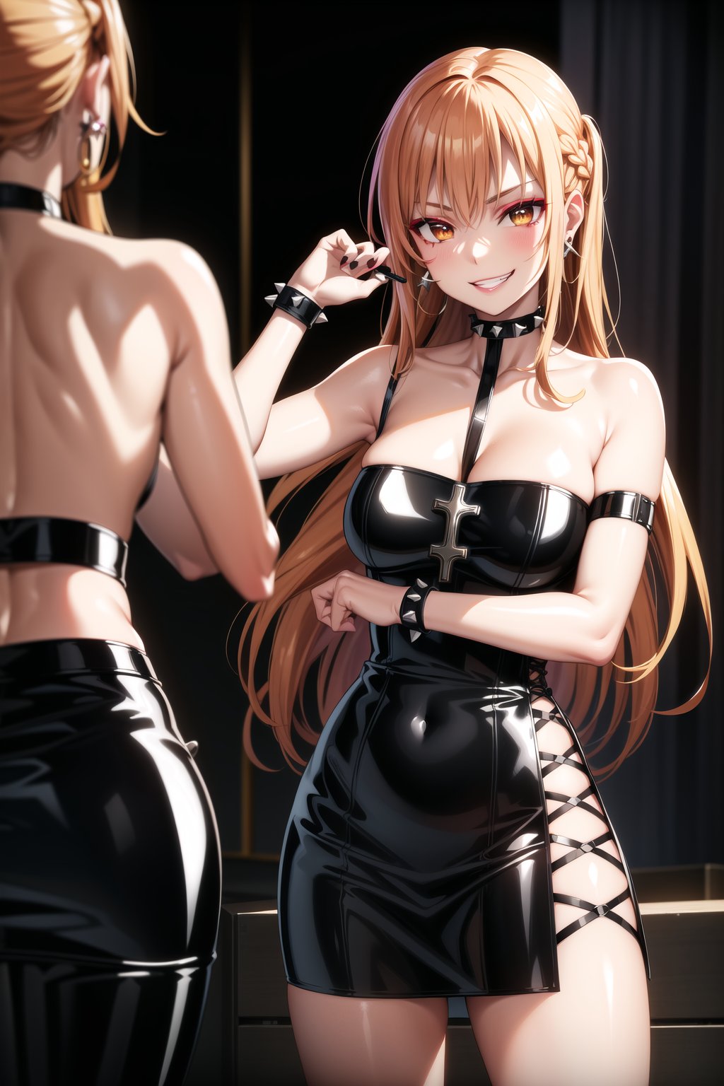 masterpiece,best quality,highres,ultra-detailed, asuna yuuki, long hair, orange hair, red hair, brown eyes,(dark makeup:1.5) (lips:1.3), (cross-laced clothes:1.3), narrow_waist:1.3, dominatrix:1.4 , (intricate Black dress:1.4), (pose:1.3), ,((smirk, grin, naughty face, seductive smile, smug)), (spiked bracelet), corset:1.4, (black hoop earring:1.3), curvaceous, voluptuous body, (latex:1.5), (black tube top:1.2), black choker, pencil skirt,  miniskirt, (black skirt),  black nails,large breasts:1.3,, (royal room:1.2),standing, StandingAtAttention,b1mb0,night club,lemon0021,,,RockOfSuccubus,asuna yuuki