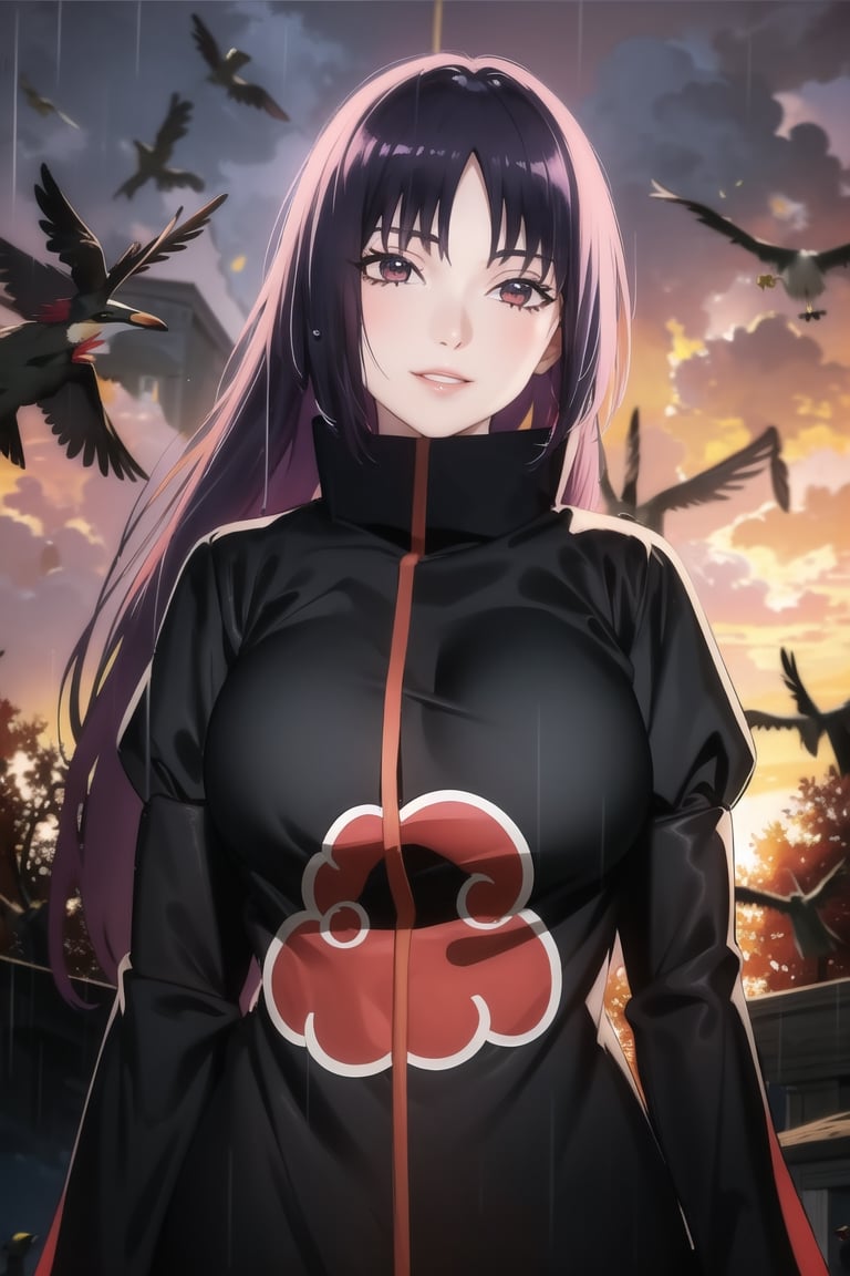 anime, hdr, soft light, ((best quality)), ((masterpiece)), (detailed),  sumire kakei, long hair, purple hair, puple eyes, makeup, head tilt, smile, (lips), (akatsuki outfit:1.1), (puffy_sleeves:1.2), ((juliet_sleeves)),large breast, high neck, high_collar, black dress, long sleeves, looking at viewer, village, (((crows))),sunset, rain, water drop, cloud, nature, ,akatsuki outfit, bird, crow, eagle, black feathers, bird on shoulder, sunset, orange sky, outdoors, fantasy00d,