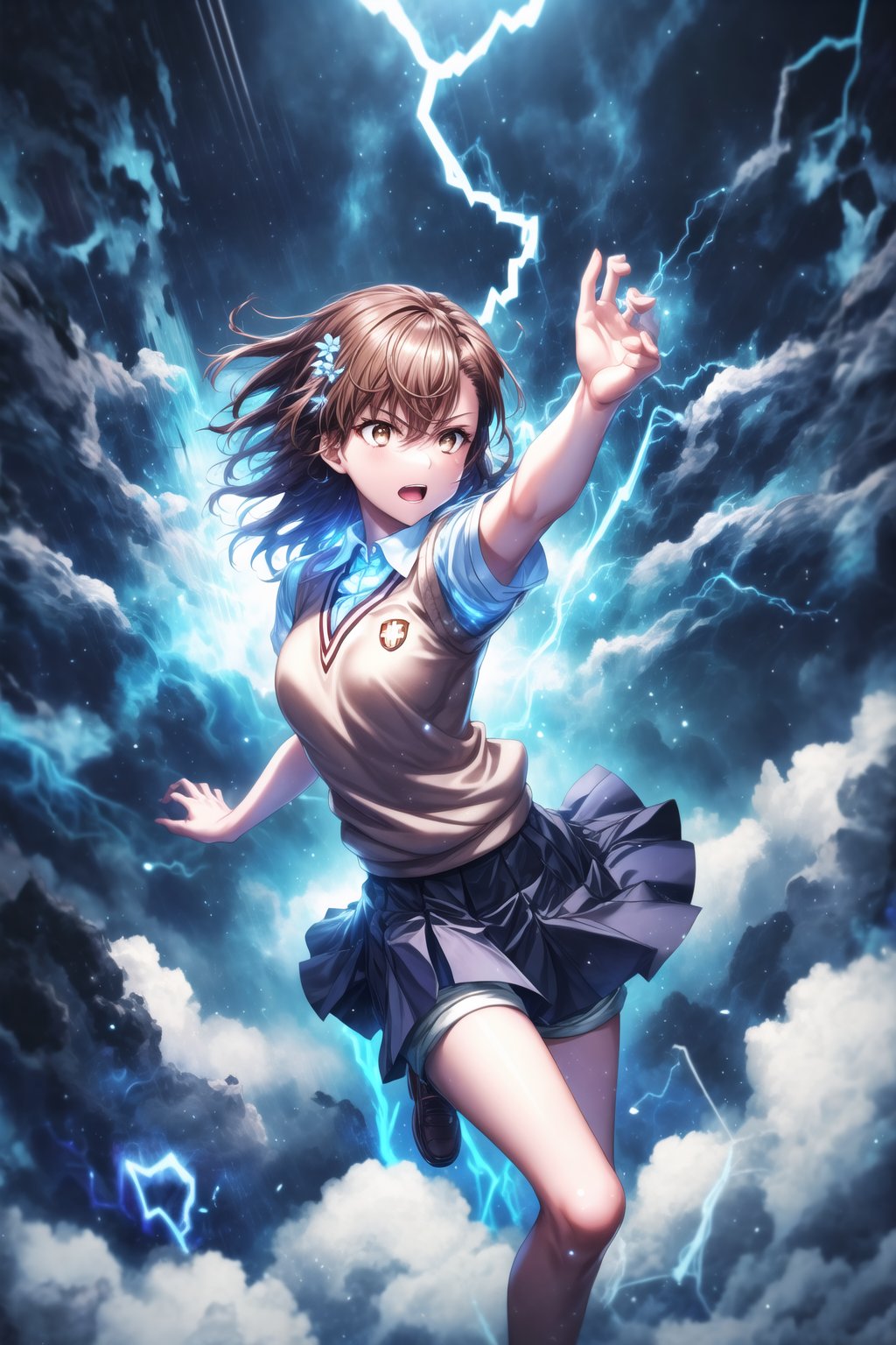 1girl, mikoto_misaka, short hair, brown hair, brown eyes, school_uniform, skirt, electricity, electric_discharge, standing, arms stretched forward, charging_attack, intense focused gaze, glowing electric energy in hands, electricity surging from fingertips, powerful shockwave forming, energy pulsing outward, GFX elements: electric aura, lightning strikes illuminating scene, neon blue electric arcs, charged particles suspended in the air, shattered ground below, glowing blue symbols floating in the air, sparks flying outwards, high-contrast lighting, intense blue flares, glowing mist around, lens flare effects from electricity, glowing circuits running through the air, cinematic energy pulse,aamikoto, hair flower, white shirt, sweater vest, short sleeves, grey skirt, shorts under skirt