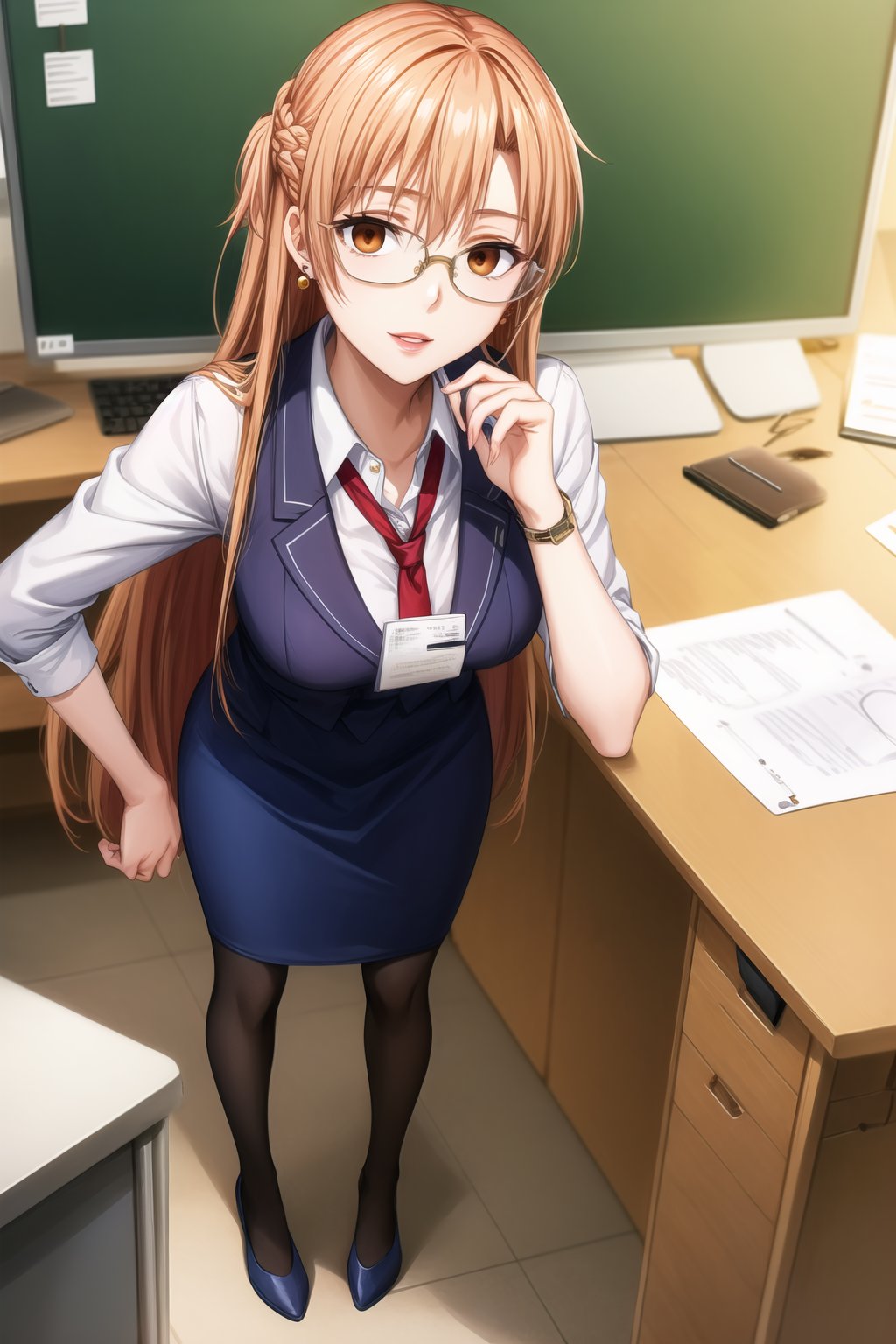 A close-up shot of asuna yuuki, long hair, french braid, orange hair, red hair, brown eyes, long hair:1.2, the SKS Office Lady, stands expressionless with empty eyes, her lips subtly parted as if in a state of subtle hypnosis. glasses, skirt, pantyhose, earrings, pencil skirt, adjusting eyewear,  blue skirt, chalkboard, open mouth, teacher, paper, necktie, jewelry, red-framed eyewear, bespectacled, white legwear, semi-rimless eyewear, under-rim eyewear, shoes, standing, desk, blue footwear, office lady, smile, lanyard, streaked hair, clipboard,  shirt. In formal attire, she exudes professionalism.