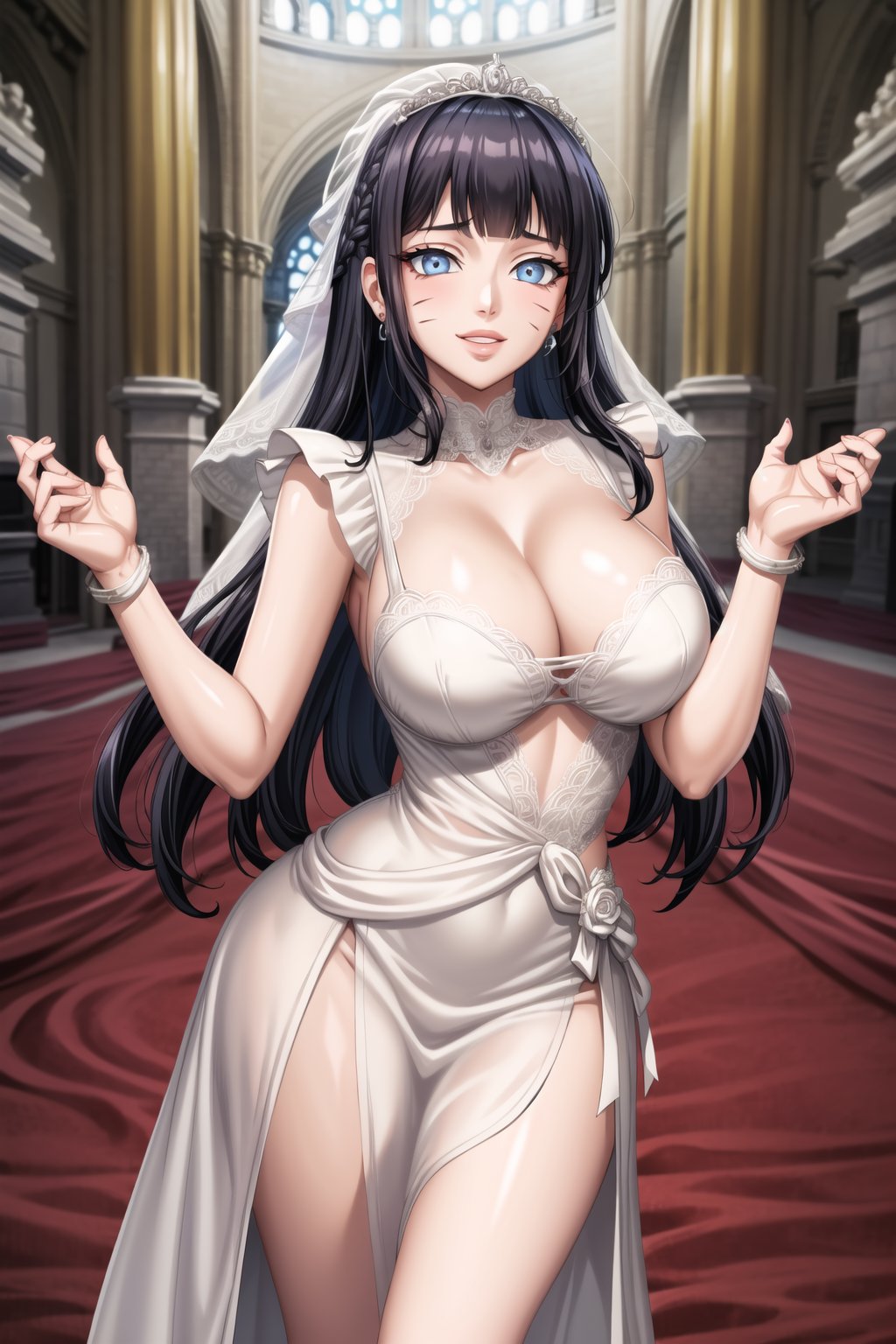 ((best quality)), ((highly detailed)), masterpiece, ((official art)), detailed face, beautiful face, (detailed eyes, deep eyes), seductive posing, (cowboy shot), Himawari, blunt bangs, facial mark, black hair (masterpiece, high quality:1.5), (8K, HDR), (bride:1.3),
1girl, solo, looking at viewer, relaxed expression, pronounced  long faded eyebrows, soft makeup, gradient lips, hourglass figure, long fingers,  realistic illustration, (soothing tones: 1.3), (super detailed: 1.2), aabelfast, french braid, tiara, bridal veil, earrings, , (sexy lace wedding dress:1.3), white gloves, bridal bouquet, church, standing, cowboy shot, smile, ,Mogyutto Maid,Himawari