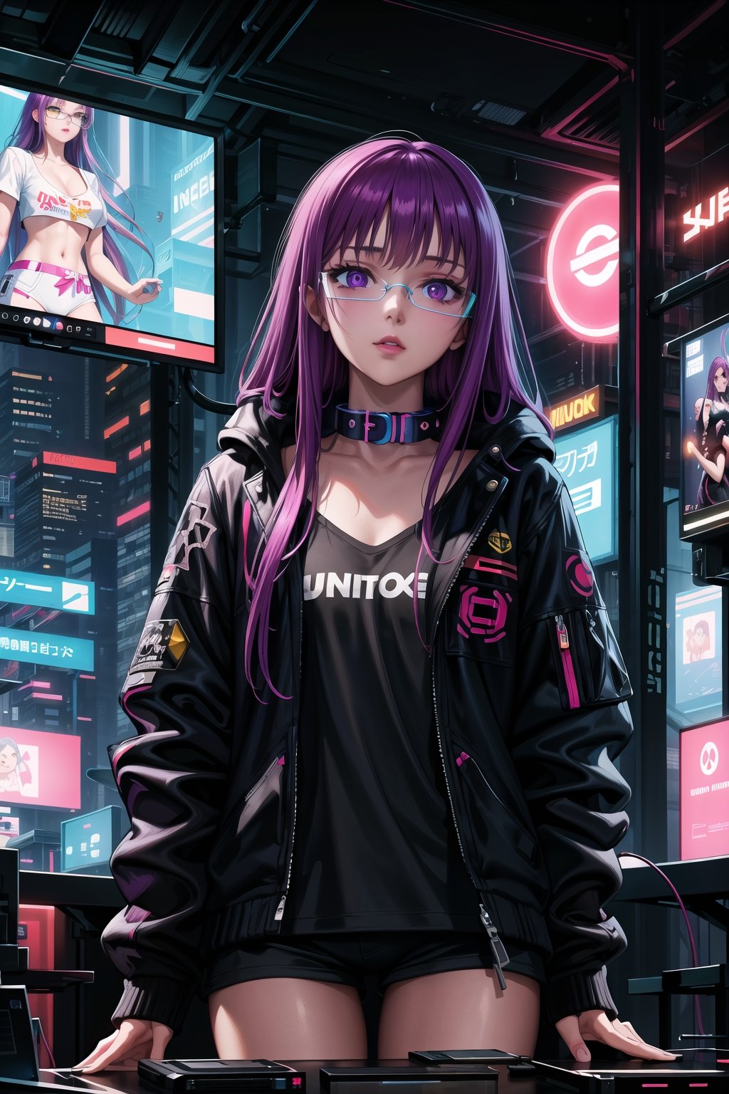 masterpiece,best quality,highres,ultra-detailed,purple hair, long hair, Saori, hacker, computer, monitor, wive, cable, cyberpunk, indoors, neon nigth, Cyborg, chip, cyberpunk, collar, jacket,((cyberpunk glasses))