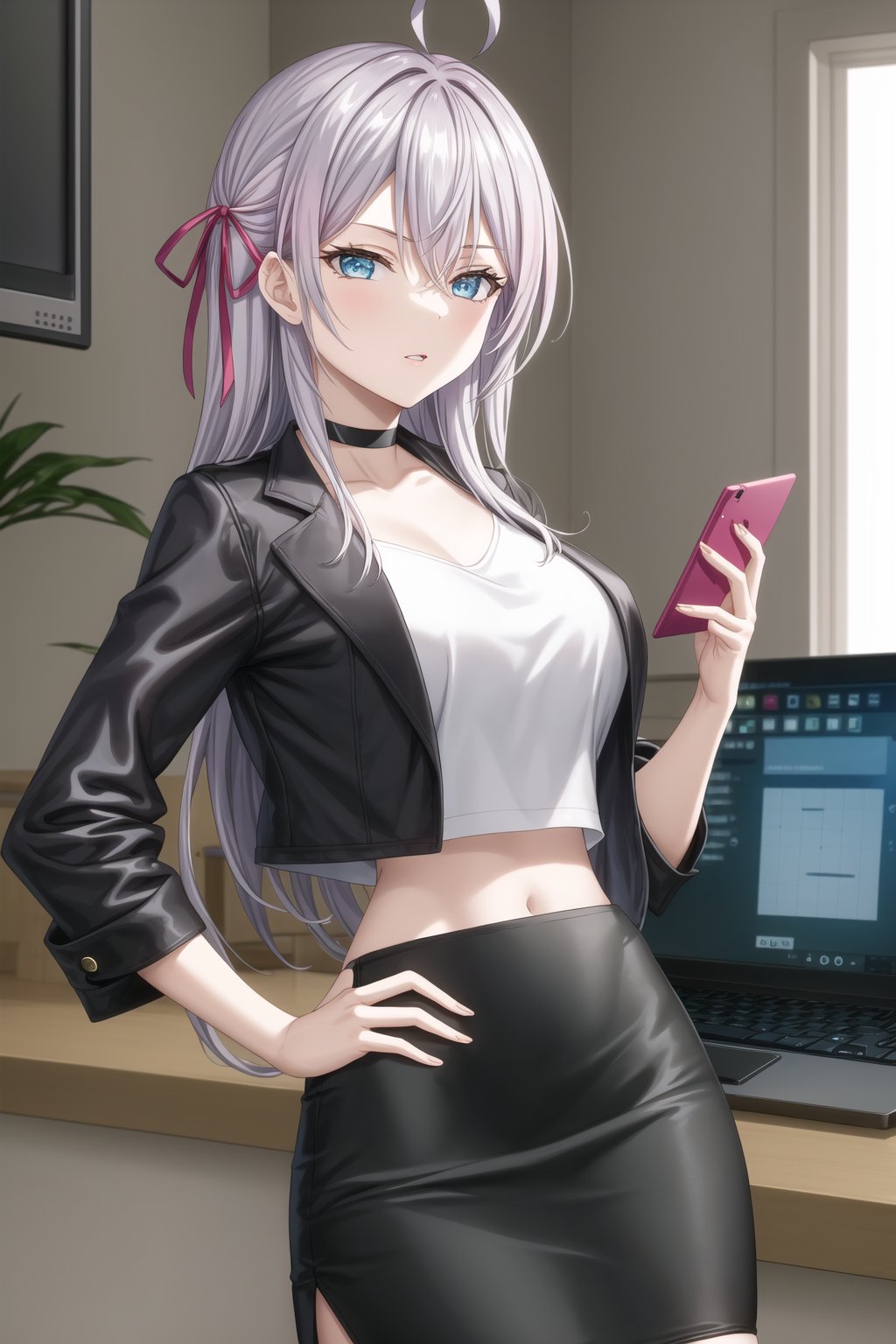 A close-up shot of alya, long hair, grey hair, blue eyes, hair between eyes, hair ribbon, red ribbon, ahoge, standing confidently with one hand on her hip. She is wearing a stylish crop top and a pencil skirt, with a black jacket and a choker. She holds a tablet PC in one hand and is surrounded by modern technology, including a computer monitor and a phone screen. The background features a soft gradient, creating a sleek and modern atmosphere. Her pose is casual, with parted lips, while the overall design emphasizes her intelligent and composed demeanor.